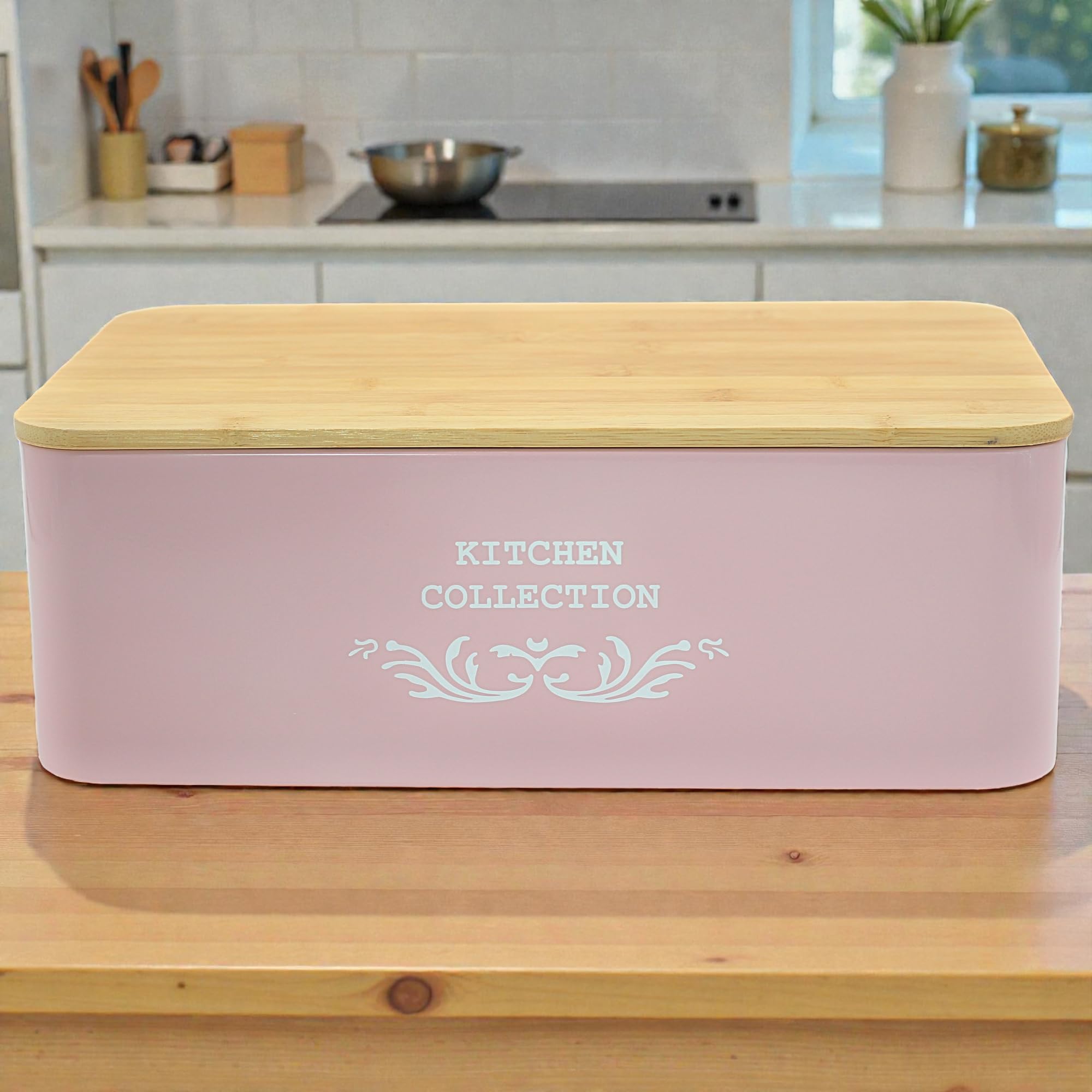 Contenitore Portapane con cap di bambù 35x12x23 CM - Rosa-Scatola Pane da Cucina in Metallo con Coperchio in Bambù – Design Vintage