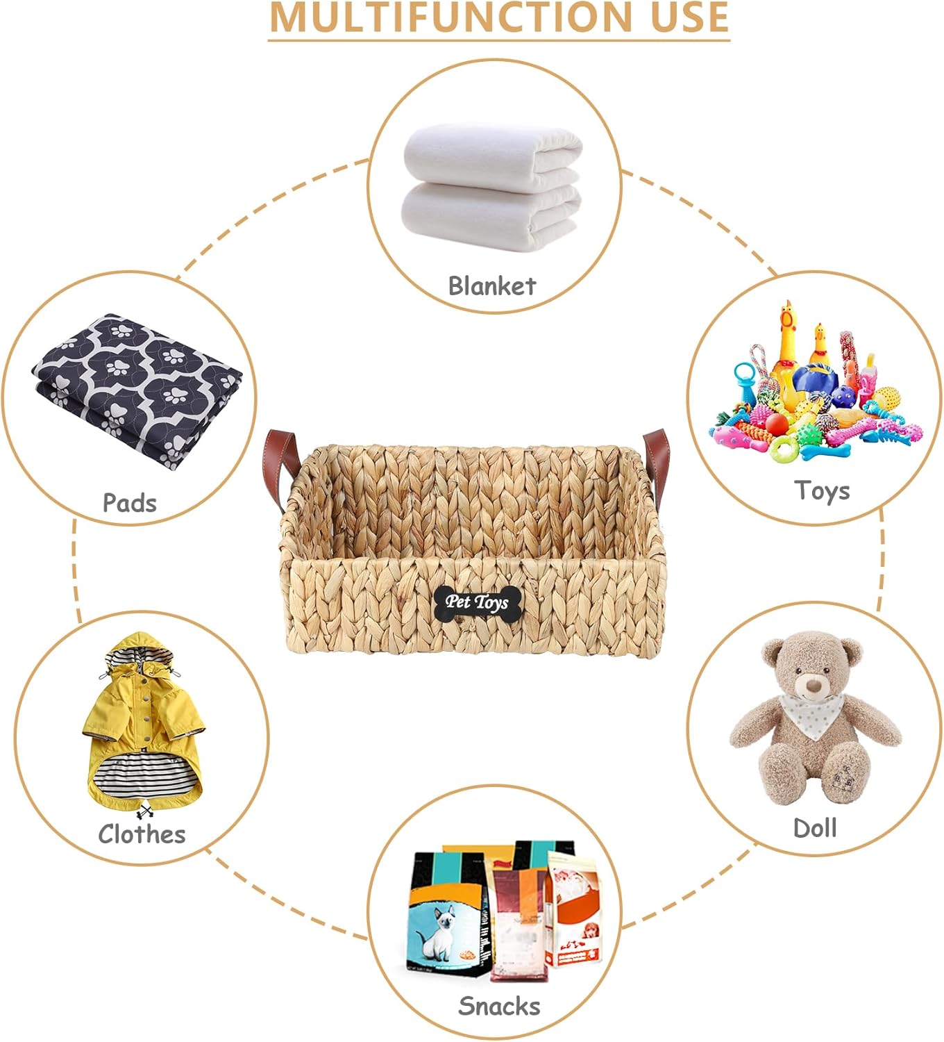 Trapezoid Pet Toy Bin, Large Storage Basket for Dog Cat Toys, Organizer for Leash Blanket Snacks, Natural Wicker Hyacinth