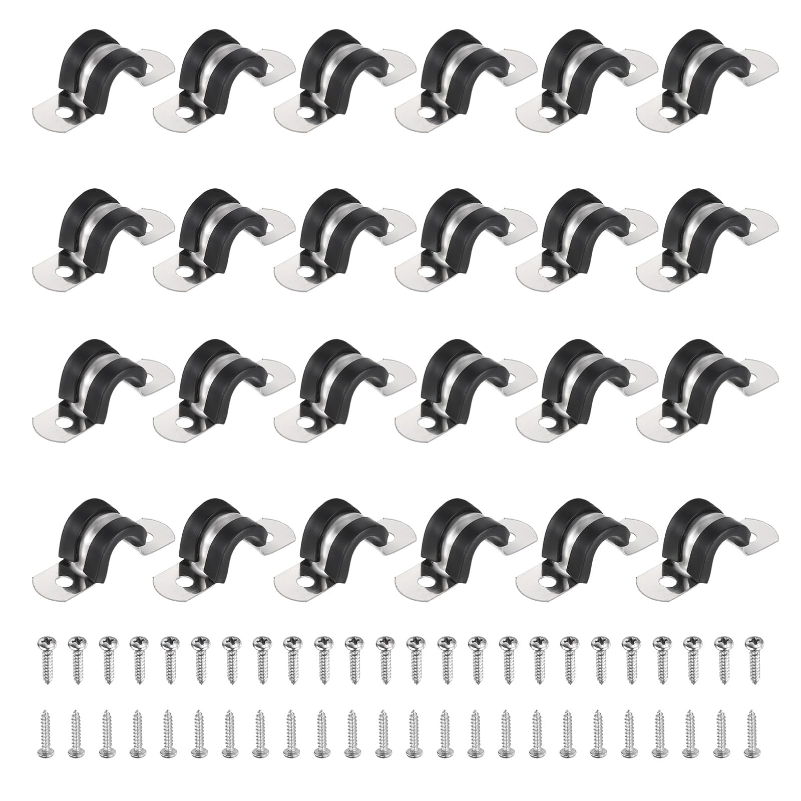 sourcing map 32Pcs 10mm Pipe Clips, 304 Stainless Steel Rubber Coated Cushion Pipe Strap Clamp U-Shaped Bracket with M3x110mm Screws for Tube Hose Cable Installation, Black
