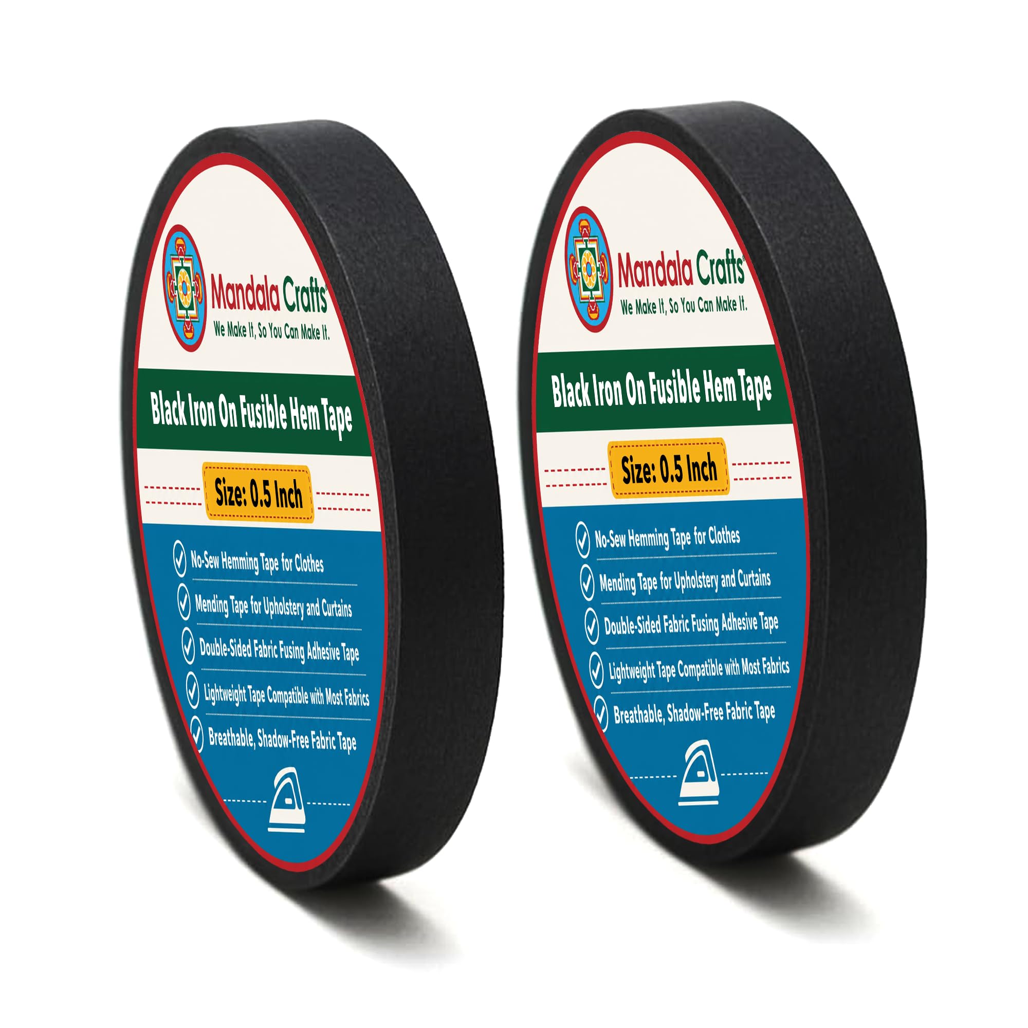 Mandala Crafts 1/2 Inch Black No Sew Iron on Fusible Hem Tape, 54 Yards