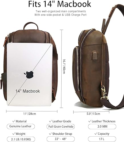 Miniatura 3 de Vintage De Grano Completo Cuero Genuino Sling Bag Crossbody Pecho Mochila De Hombro Daypack Viaje Senderismo Para 13.3 Pulgadas Portátil - Marrón