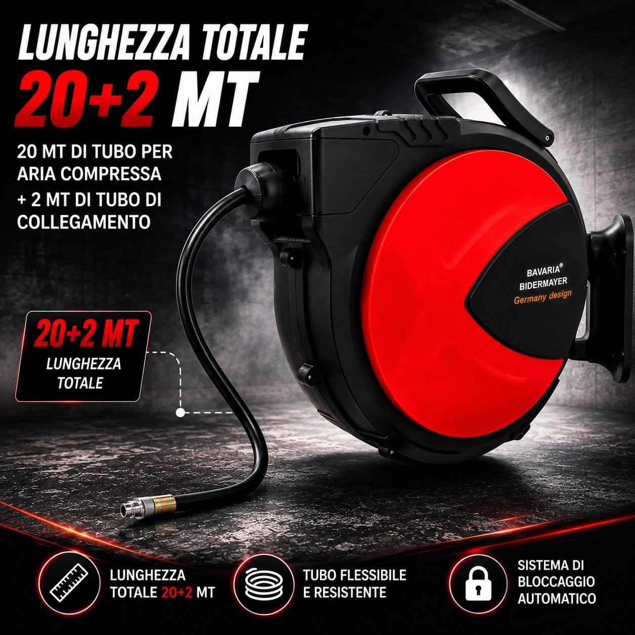 Avvolgitubo Aria Compressa Automatico 20+2 Metri 20 Bar 290 PSI Attacco Rapido 1/4" Avvolgitore Tubo Compressore Orientabile 180° da Parete per Officina Garage