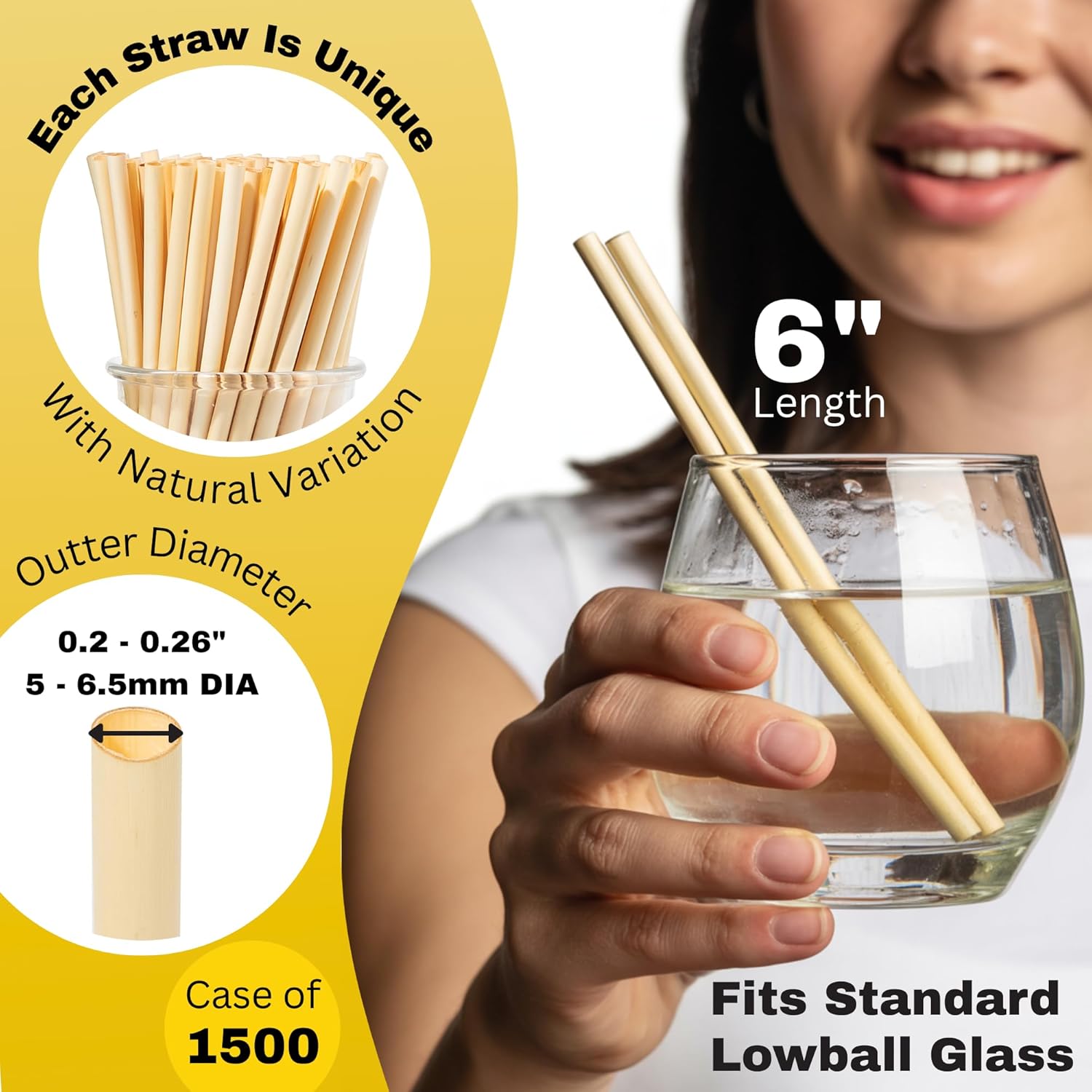Hay Straws 6 inch Compostable Drinking Straw Eco Friendly, 250 Count Biodegradable Straw, Disposable for Lowball Drinks, Cocktails, Sturdy Plant-Stem Straws, No Paper, Plastic-Free (5–6.5mm)