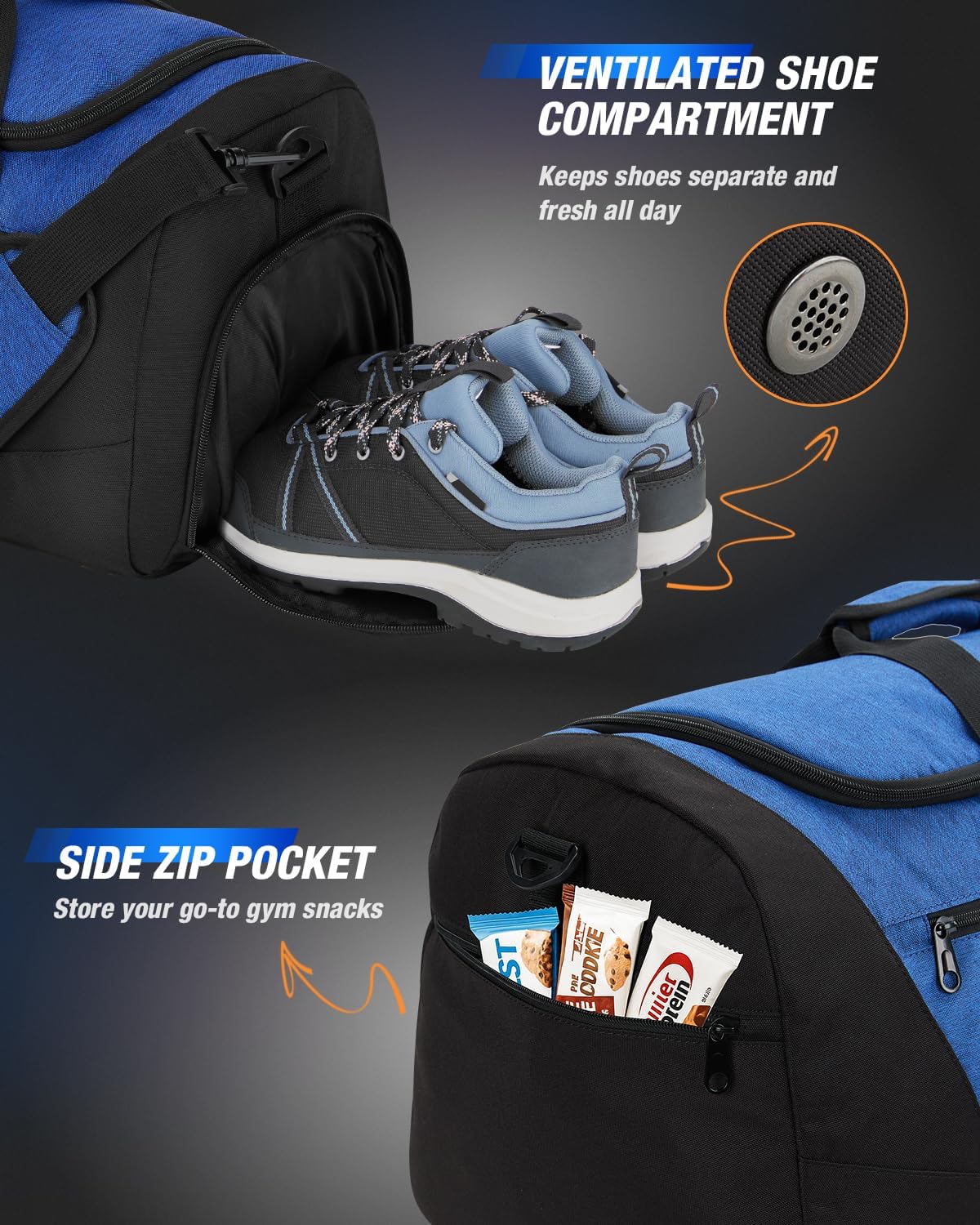 Gonex Gym Duffel Bag with Shoe Compartment Wet Pocket, Large Capacity Sports Duffle Bag for Men Women, Workout & Travel Bag with Multiple Pockets, Black/Blue, Small (30L) - Image 3