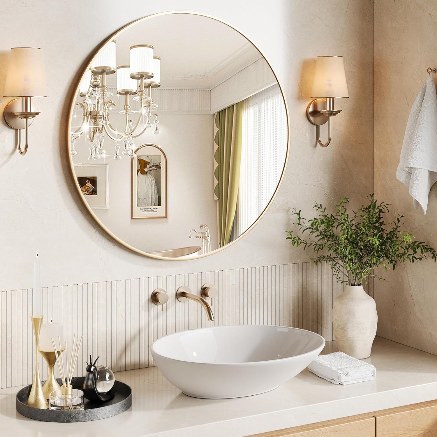 Mobeneno 81cm Gold Round Mirror Circle Mirror with 20mm Aluminum Frame Wall Mounted Vanity Mirror for Entryway Hallway Bedroom Living Room Decor Easy to Install