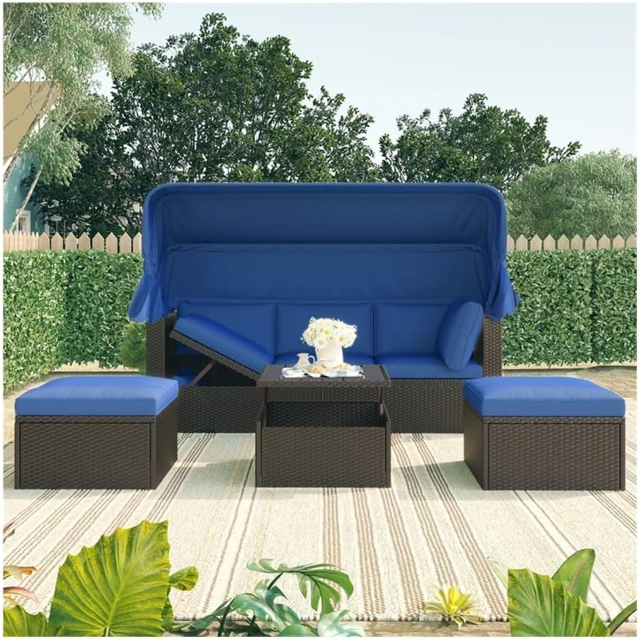 Outdoor Furniture Set, Outdoor Furniture,Patio Conversation Sets, Outdoor Patio Rectangle Daybed with Retractable Canopy, Wicker Furniture Sectional Seating with Washable Cushions, Backyard ( Color :