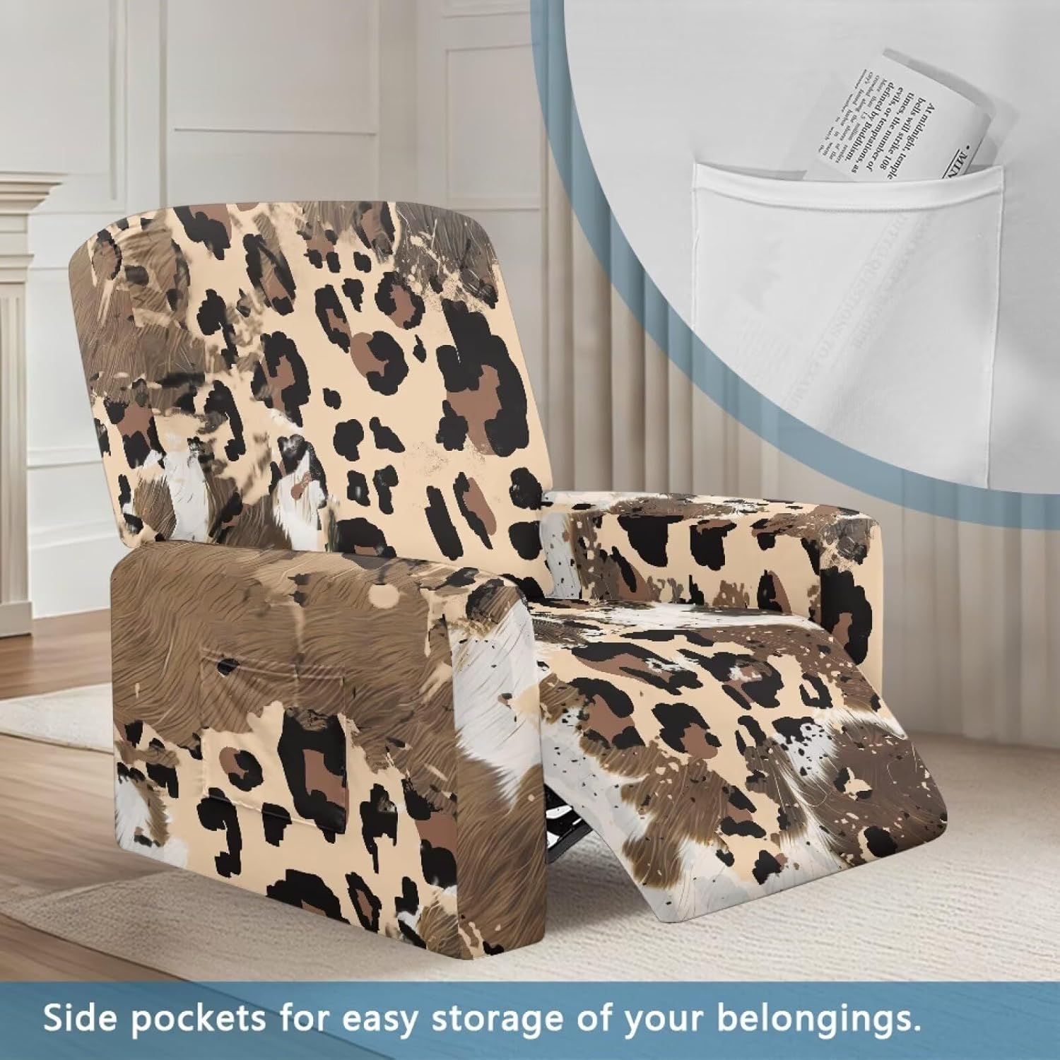 FOR U DESIGNS Leopard Stain Resistant Recliner Cover 4-Piece Set Elastic Stretch Fabric with Storage Pockets Universal Fit for Small Recliners Scratch Proof