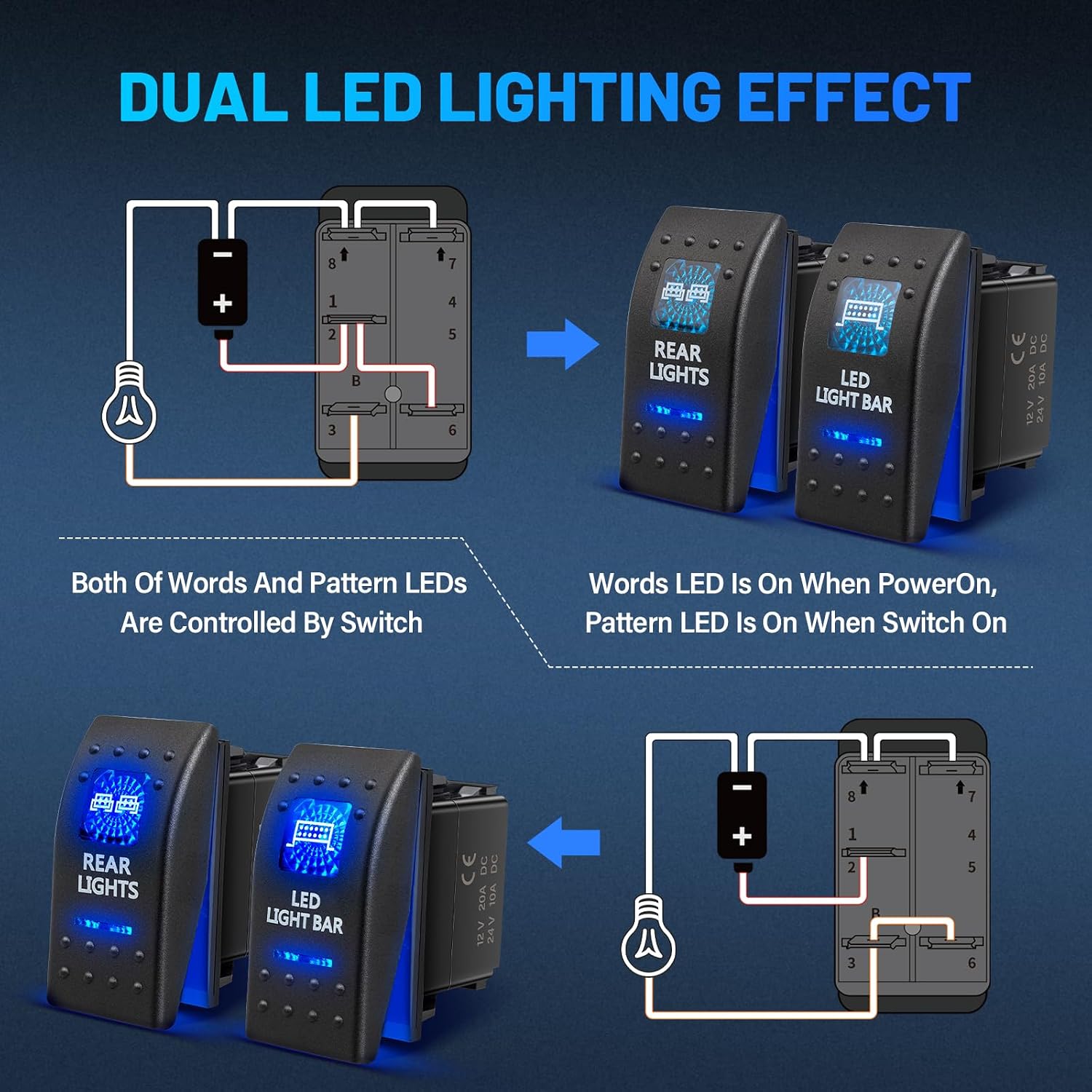 Anina LED Light Bar & Rear Lights Rocker Switch 5 Pin ON/Off SPST 12V 20A for Off-Road UTV Truck Can-Am Car Boat Marine ATV Blue Light with Jumper Wire