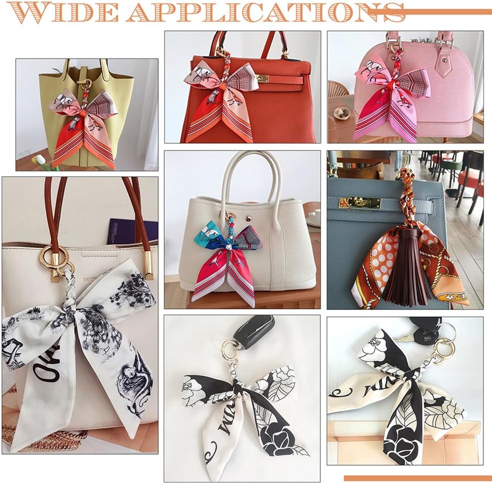 CHGCRAFT 3Pcs 3 Colors Silk Ribbon Bow Charm for Bags PU Imitation Leather Tassel Pendant Keychain with Alloy Key Rings Handbag Purse Decor Accessories