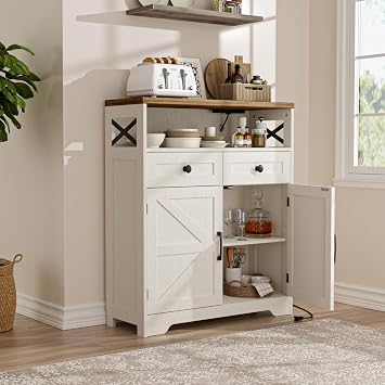 31.5 White Storage Cabinet with Doors and Drawers, Farmhouse Sideboard