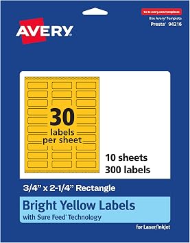 Avery Printable Rectangle Labels, Sure Feed Technology, 3/4" x 2-1/4", Bright Yellow Labels, Print-to-The-Edge, Laser/Inkjet Printable, 300 Total, Great for Mailing