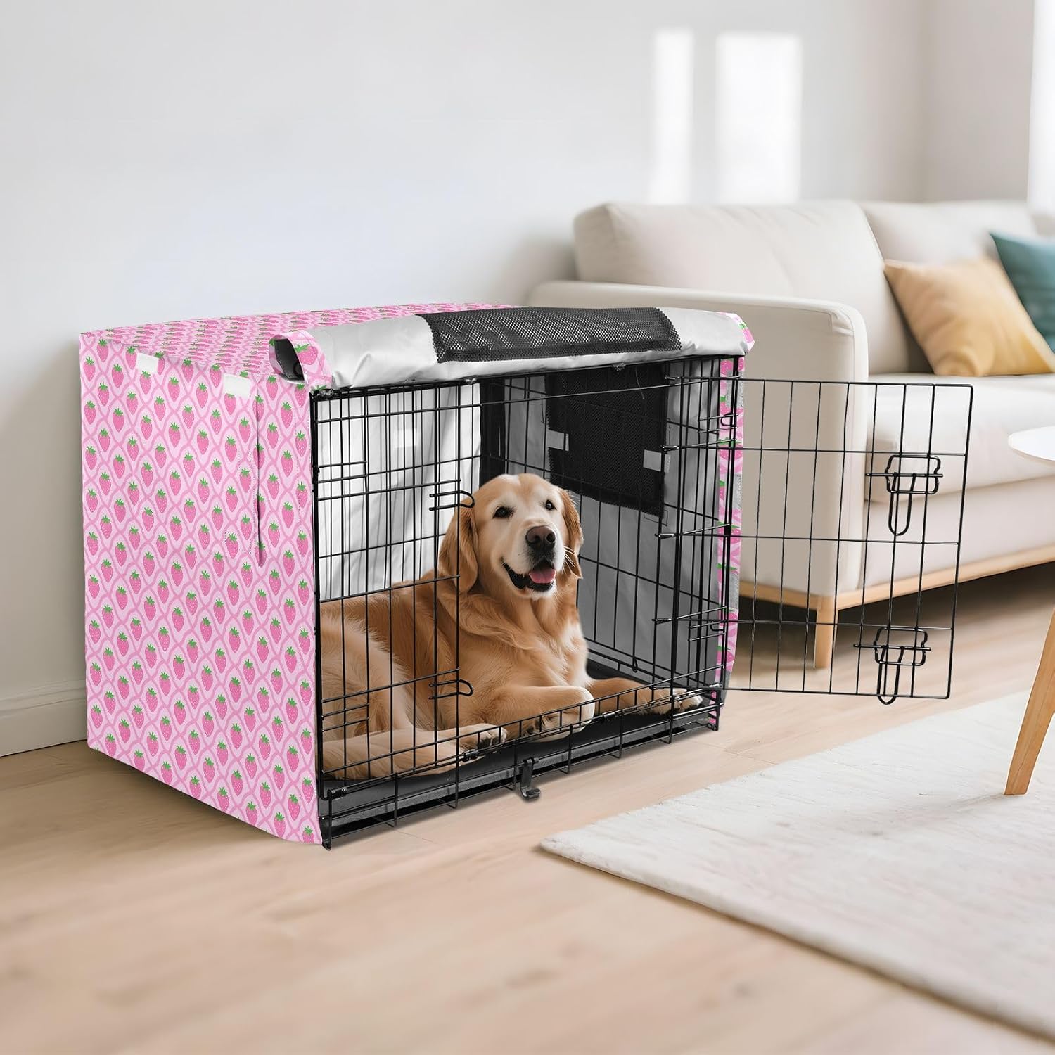 Pink Strawberries Metal Dog Crate Cover Puppy Kennel Covers Dog Crate Protector 42 Inch