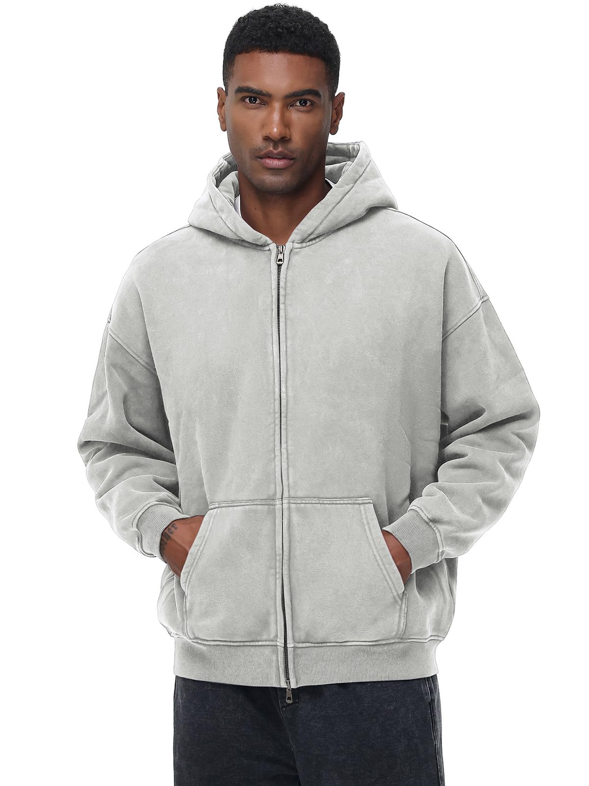HOTIAN Herren Oversized Hoodie Pullover Vintage Fleece Pullover Acid Wash Basic Warm Kapuzenpullover mit Reißverschluss Streetwear