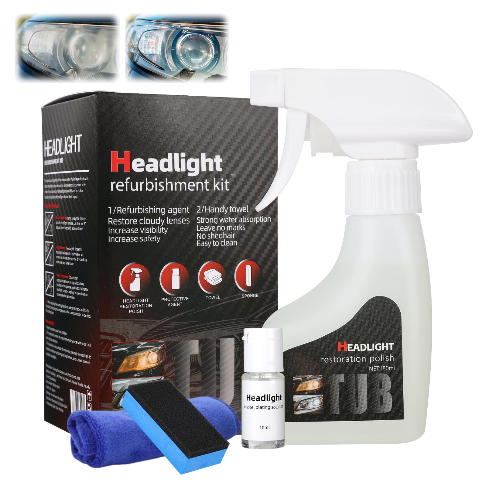 Headlight Restoration Kit 2026 Headlight Cleaner and Restorative Spray Automotive Headlight Cleaner Oxidized and Yellowish Head Light Restoration Kit, with 10ml Coating Agent-image-40
