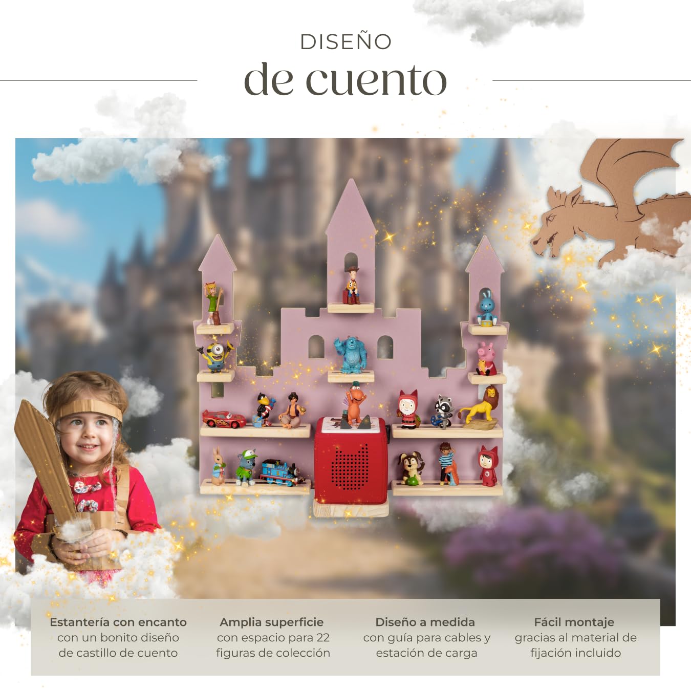 tectake® Estantería Madera para hasta 50 Tonies, Toniebox, Estantería Madera para Figuras Audio Toni, Organizador de Habitación Infantil, 12 Baldas y Guía de Cables, Diseño Resistente y Seguro
