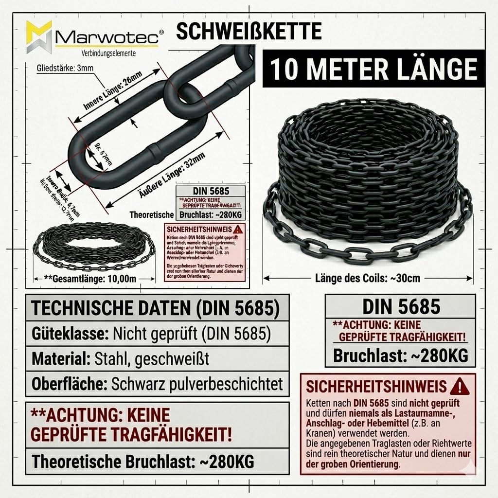 Marwotec 10 Meter Schwarz lackierte Kette 3,0 mm Rundstahlkette Ø 3mm Stahlkette geschweißt - Stahl -Schwarz beschichtet - Ø 3mm Ideal für den Außeneinsatz von Marwotec aus Deutschland