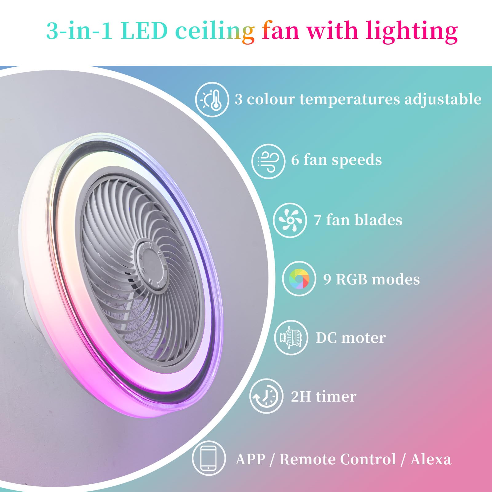 Inteligente Niños RGB Moderna Lámpara Ventilador Techo Motor DC 6 Velocidades Reversible Alexa Altavoz Musical Bluetooth Ventilador De Techo Con Luz Y Mando A Distancia Para Dormitorio Salon