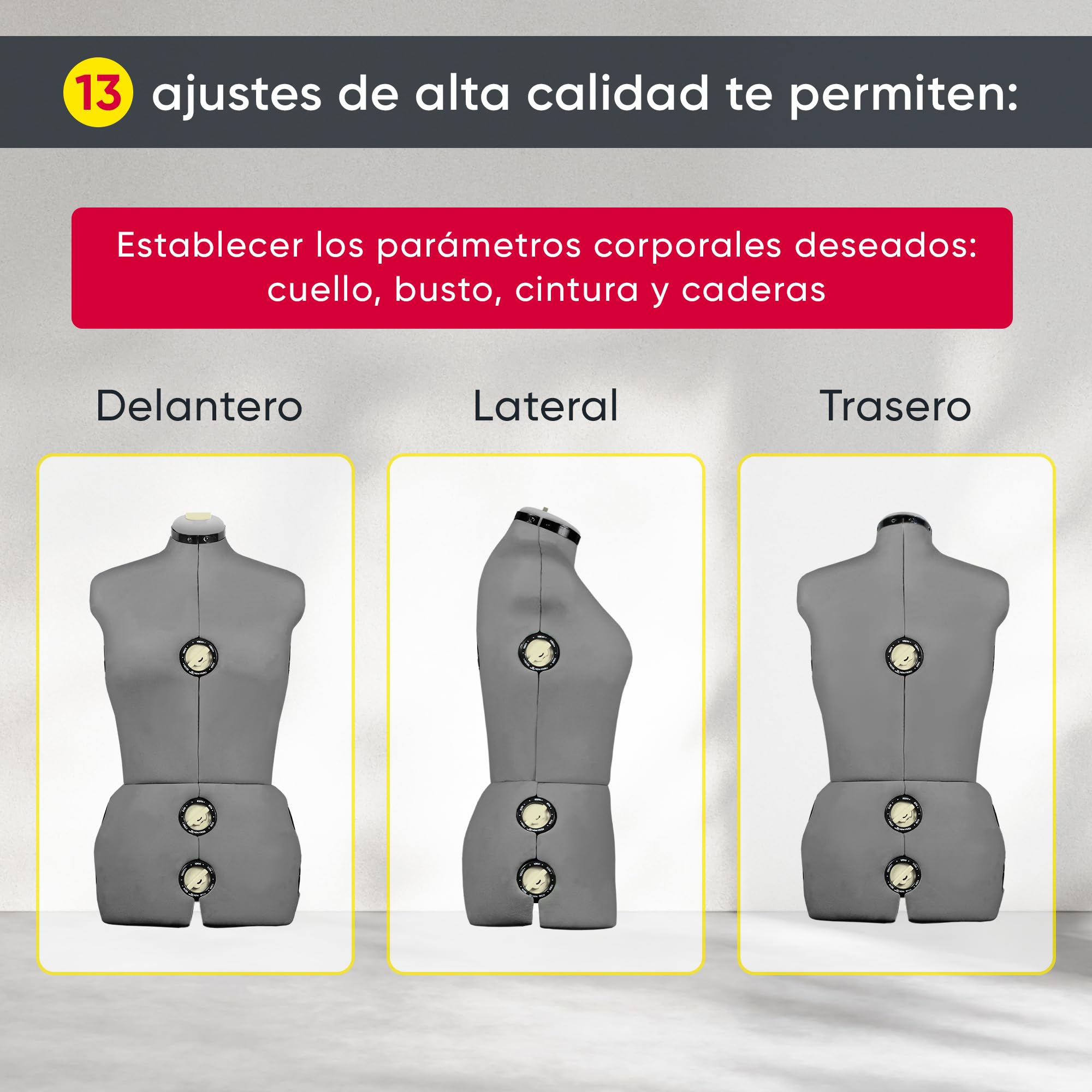 EFFEKTIV - Mannequin Couture Femme pour Exposition de Couturières, Mannequin Couture Femme Reglable en Hauteur, Design Ergonomique avec Fixateurs, 13 éléments, Taille S-L (36 - 44 Euro), Grise