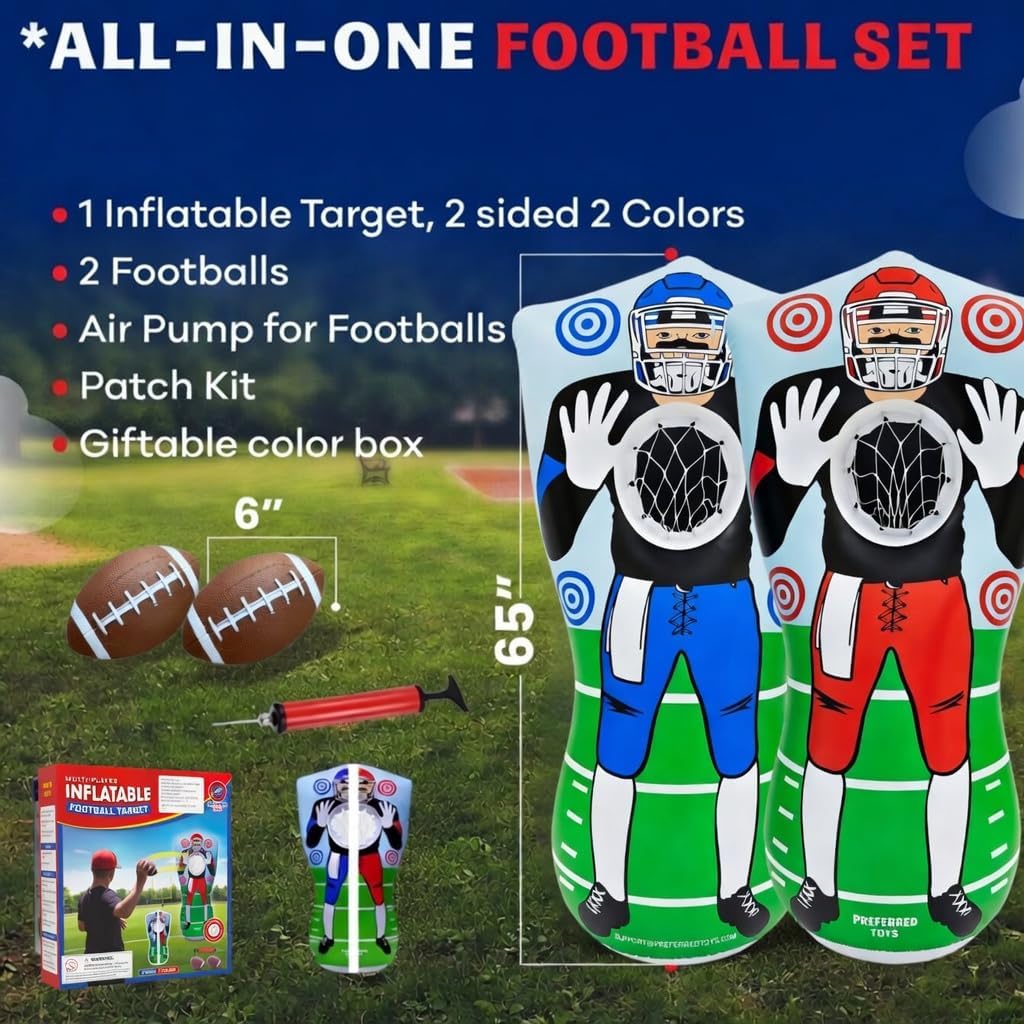 Preferred Toys 65” Inflatable Football Target Net Toss Game - Double-Sided Throwing Practice Football Stuff with Mini Balls - Backyard Tailgate Party Sports Toy for Kids & Adults