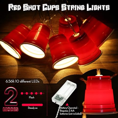 Miniatura 2 de Hiboom Guirnalda de luces de 6.56 pies, mini tazas de decoración de fiesta, LED a pilas para suministros de fiesta, temporada de graduación (rojo,