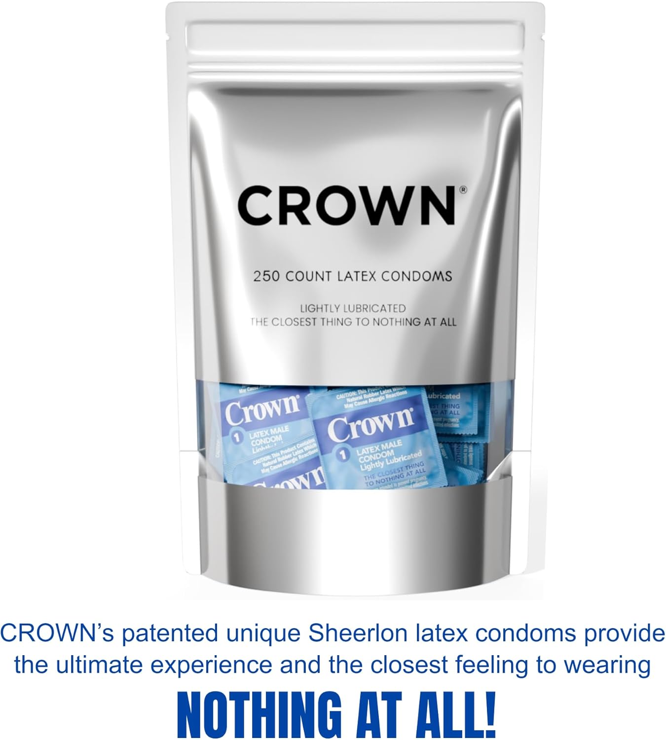 Crown Condoms — 250 Count — Lubricated Latex Condoms — Pack of 250