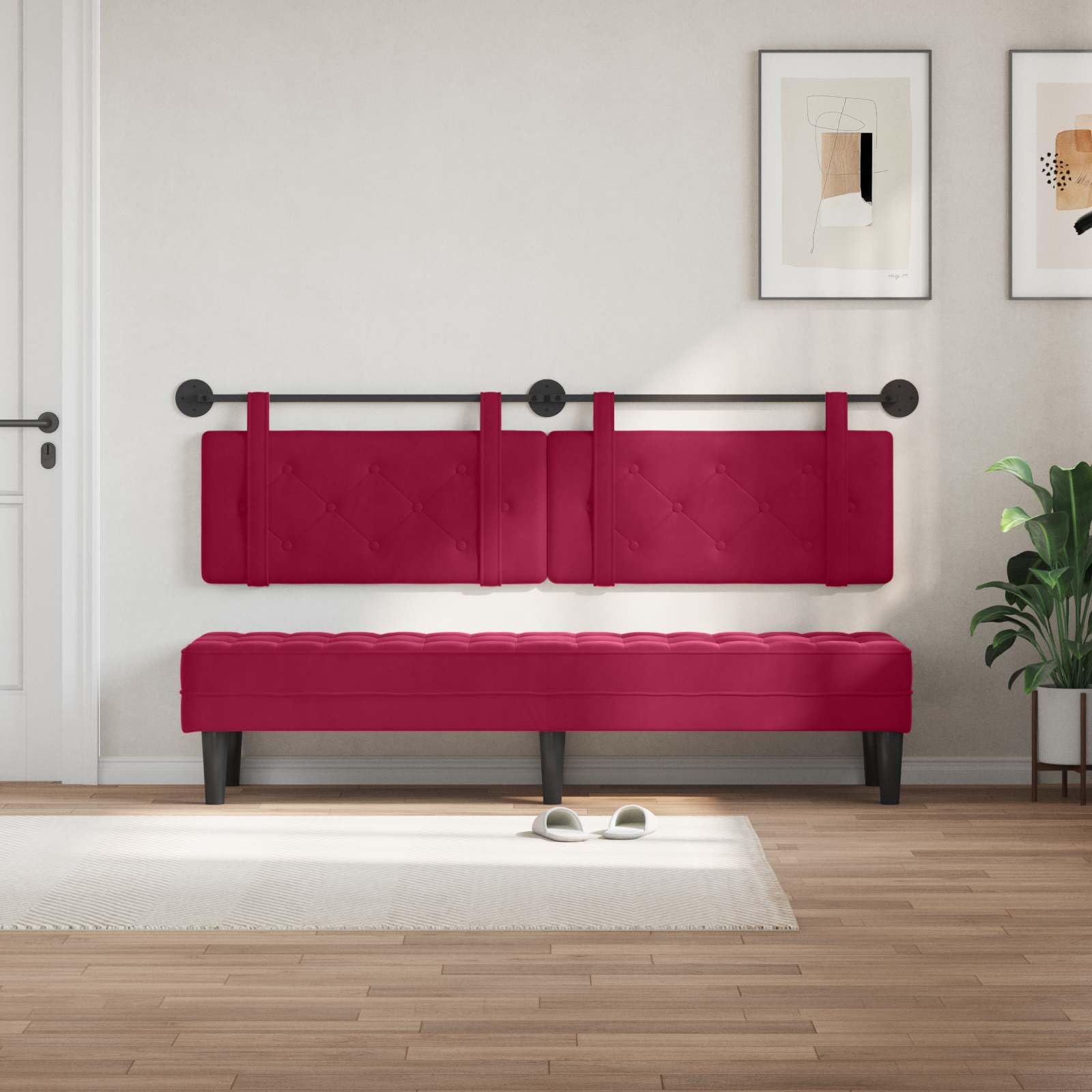 Wiszący zagłówek w kolorze czerwonego wina, aksamit, tapicerowany, z ramą z materiału drewnopochodnego, 170 x 55 x 5 cm, montaż na ścianie, do sypialni, podwójne łóżko, łóżko kontynentalne
