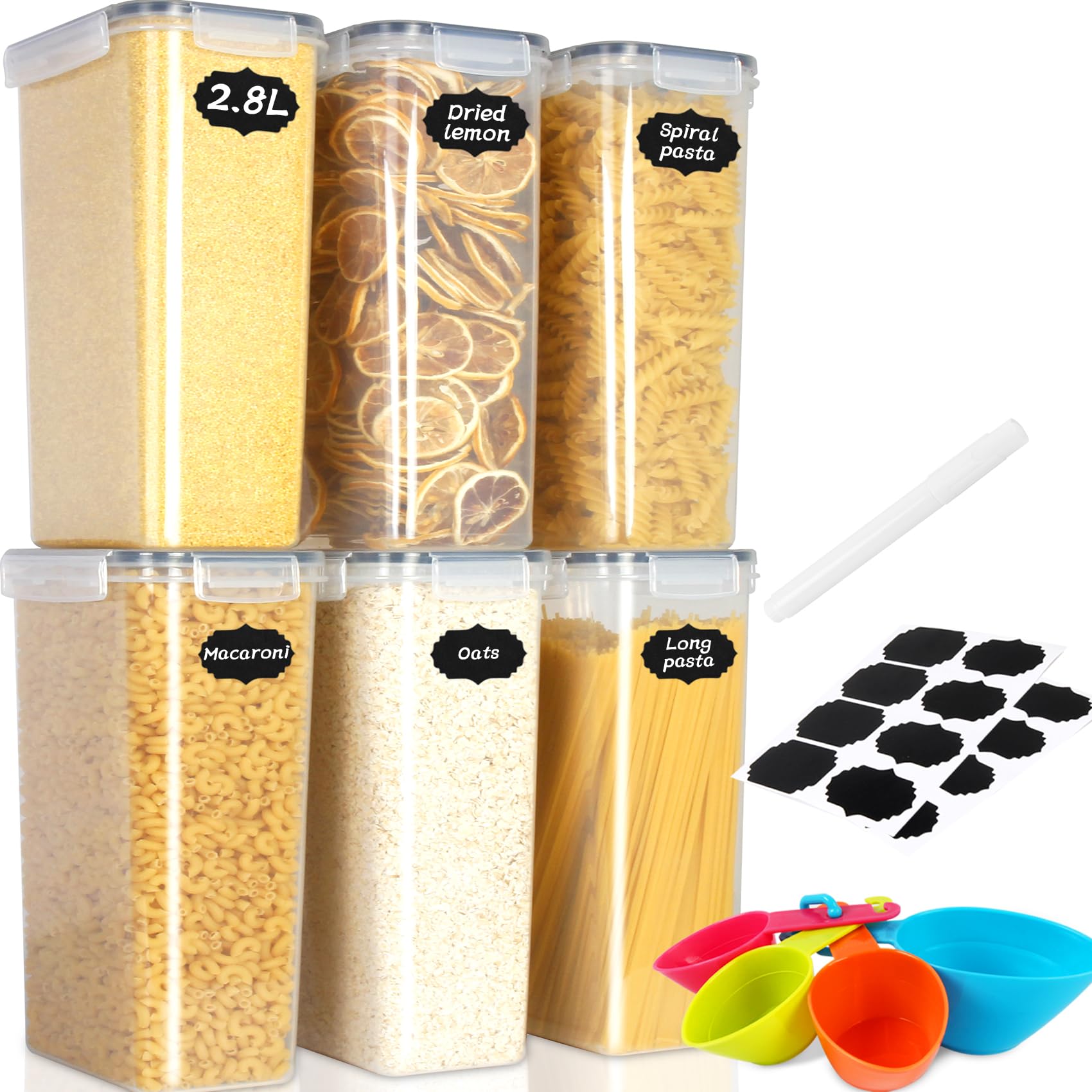 Cinnani 2.8L Botes Cocina Almacenaje 6 Piezas, Recipientes para Alimentos de Plástico, sin BPA, Botes Cocina Hermeticos Contenedores para Cereales, Pasta, Arroz, Harina