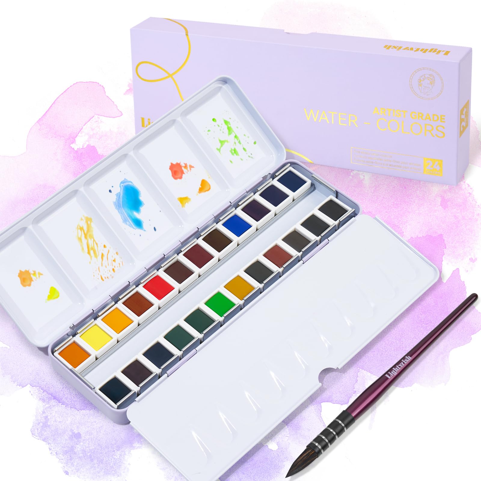 LIGHTWISH Juego de pintura profesional de acuarela, juego de pintura de acuarela sólida de grado artista, caja de metal portátil con paleta, perfecto para estudiantes, aficionados y artistas