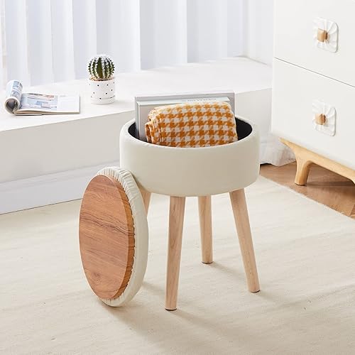 Miniatura 58 de Mxfurhawa Taburete otomano de almacenamiento redondo de lino con patas de madera, reposapiés tapizado multifuncional, para sala de estar, baño,
