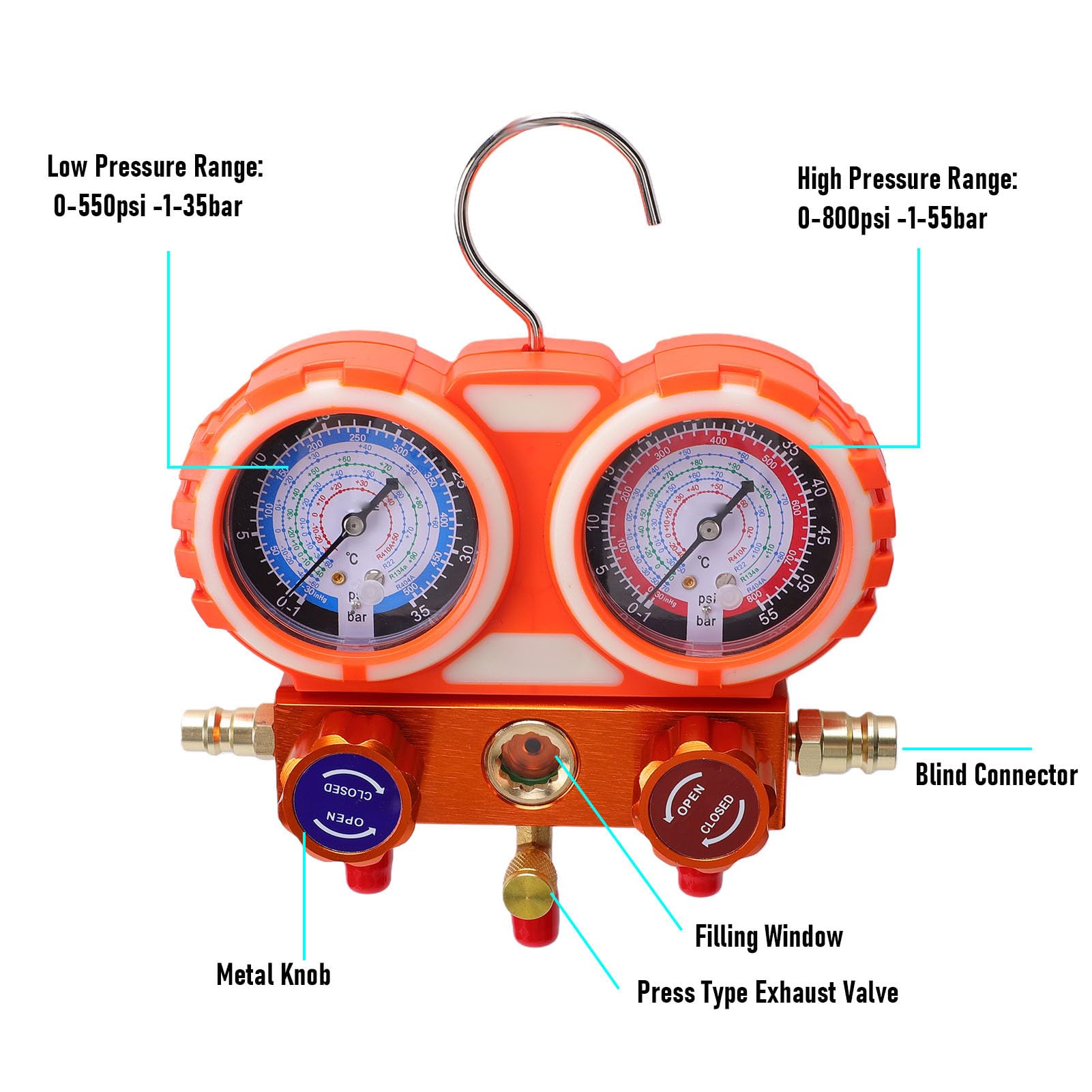 Hyuduo Juego de Manifold para AC de 1/4 Pulgada con Mangueras de PVC de 1,5 Metros y 600 PSI, para Carga de Refrigerante y Diagnóstico de Vacío R12 R22 R134 R502 R1234yf
