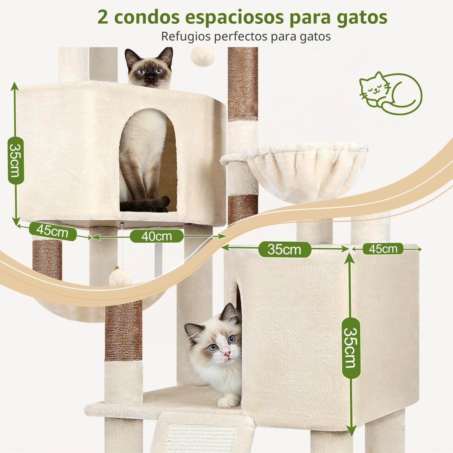 Globlazer Árbol Rascador Beige XL Estable 180 cm para 2-5 Grande Gatos S69B | Castillo Gato con 2 Grandes Nidos, Tabla Rascar Sisal, Plataformas Acolchadas, 2 Cesta para Gatos Grandes Descansar Jugar