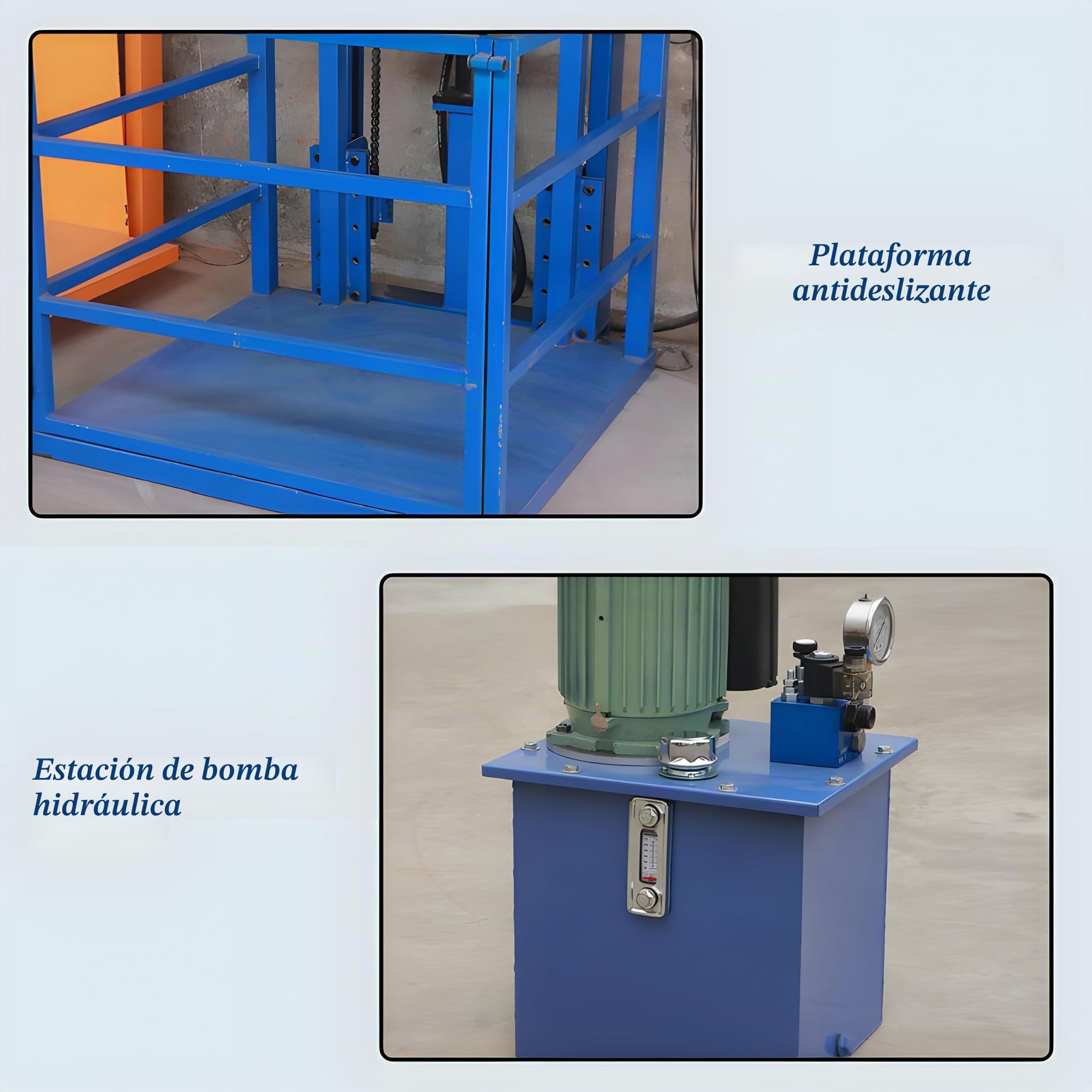 Elevador de carga hidráulico eléctrico de 1 tonelada para almacén y fábrica - Plataforma de elevación vertical de acero resistente con protección contra sobrecarga y función de descenso de emergencia