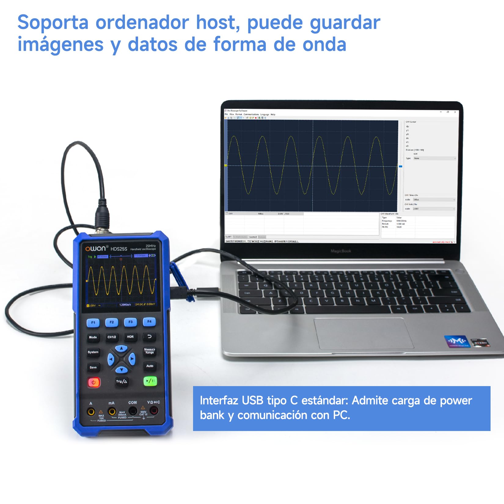 OWON Osciloscopio manual multímetro digital multifunción, 20000 recuentos, dispositivo de prueba universal 3 en 1, pantalla LCD de 3,5 pulgadas, 2 canales, ancho de banda de 25 MHz, HDS25S