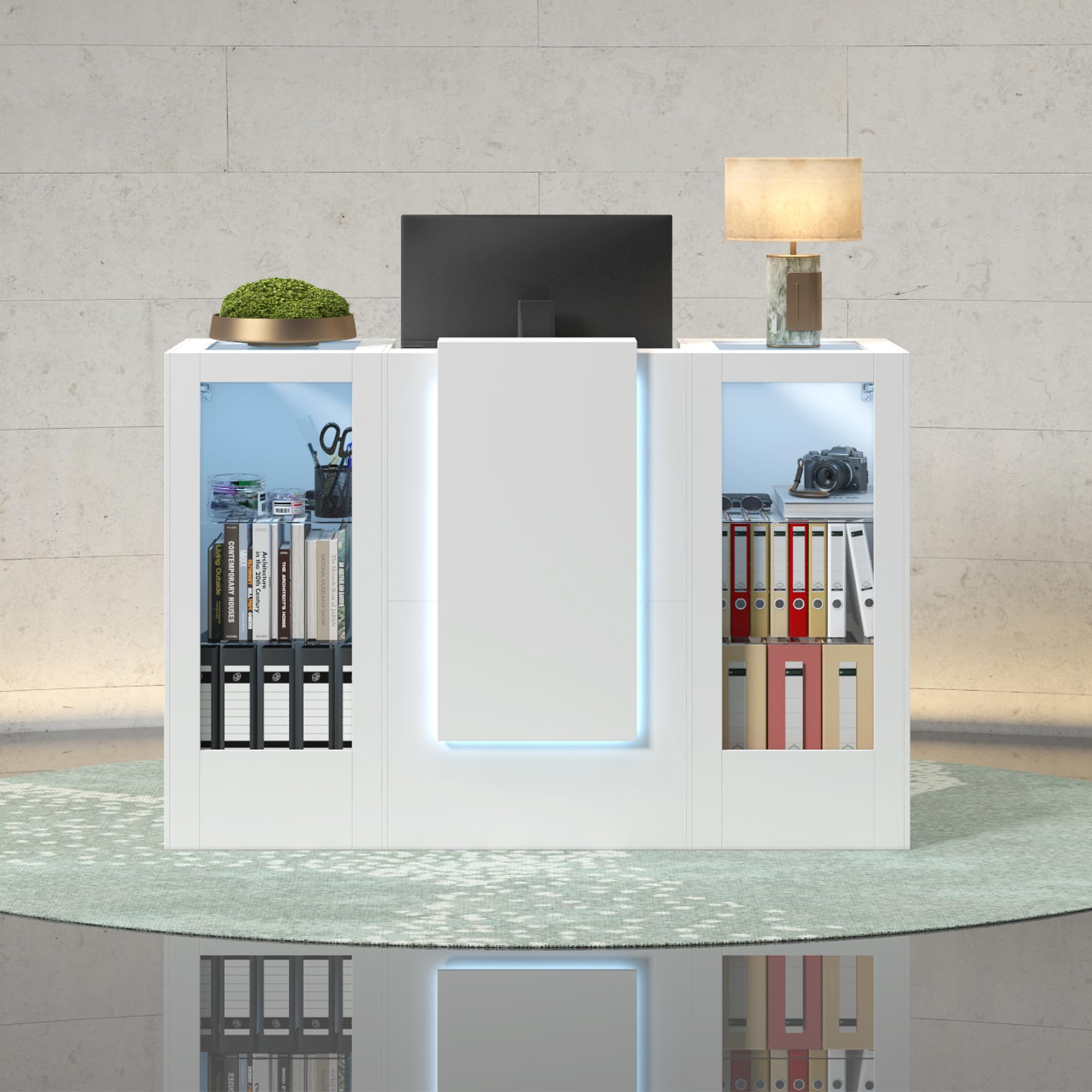 WOODTIME Reception Desk with LED Light & Keyboard Tray, Retail Counter with Cabinet & Glass Adjustable Shelves, Checkout Counter Table for Office Clinic Retail Lobby Salon, White