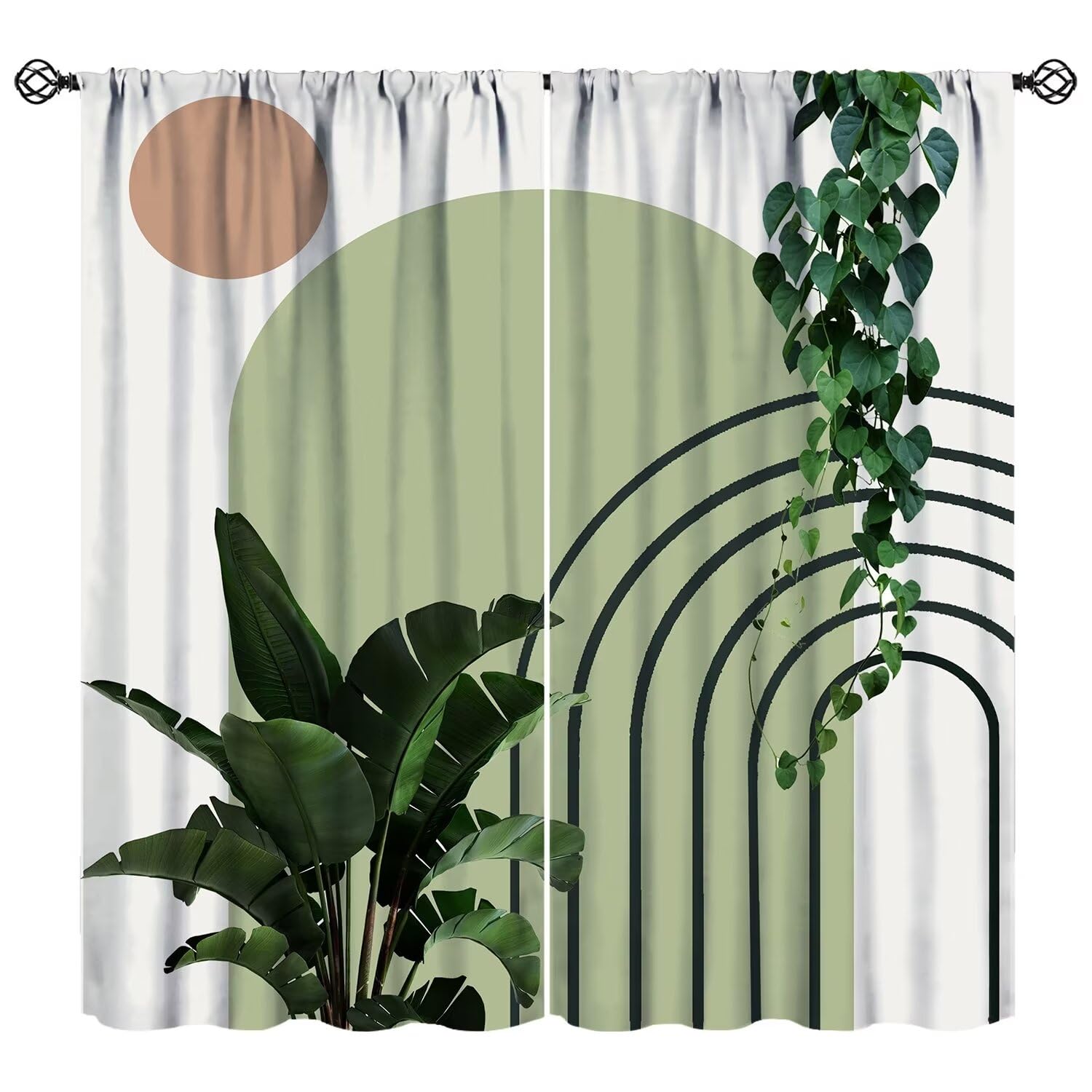 JESTRONRY Abstract Green Tropical Leaf Curtain, Boho Mid Century Arch Sun Plant Botanical Modern Style Window Treatments Bedroom Living Room Curtain, Home Decor Window Drapes 42x45 Inch Decor