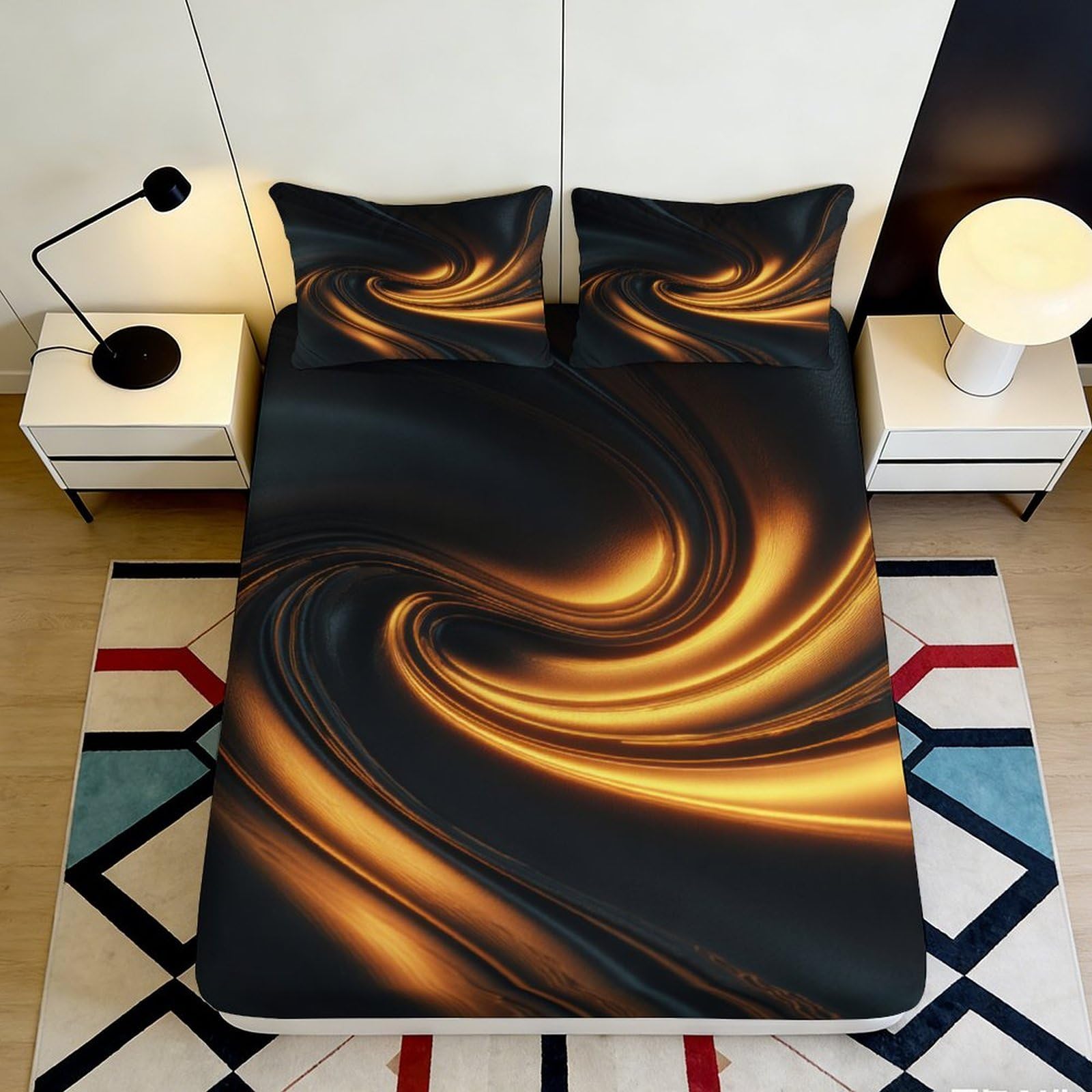 3D Printed Golden Swirl Fitted Sheet Microfiber Soft Abstract Wave Mattress Cover Bedroom Decor Protection 120x200x25cm