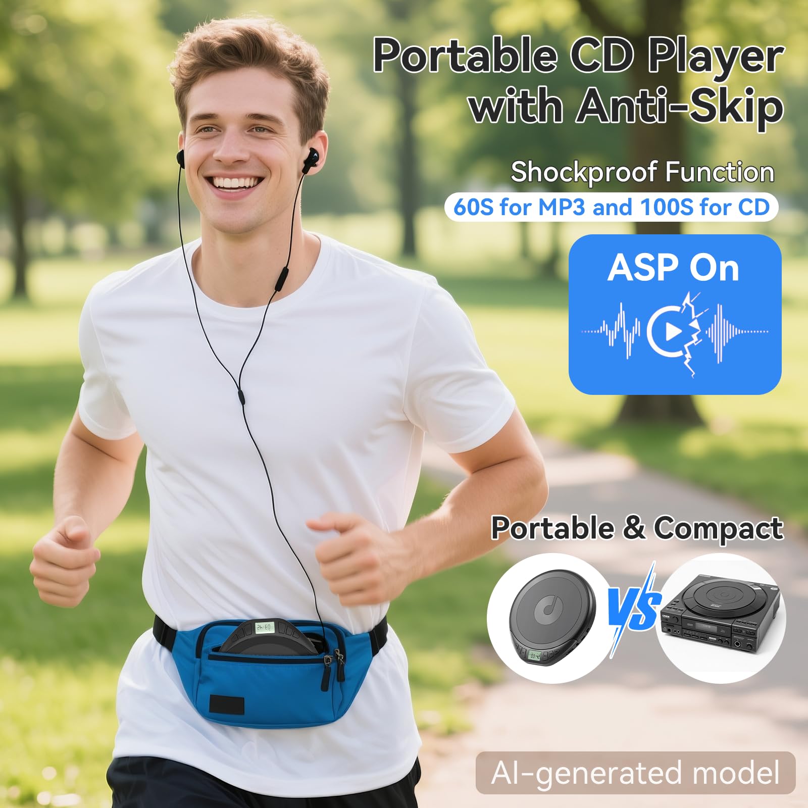 Lecteur CD portable avec casque de voiture portable et résistant aux chocs avec écran LCD, câble auxiliaire et écouteurs pour le sport, la maison, l'extérieur