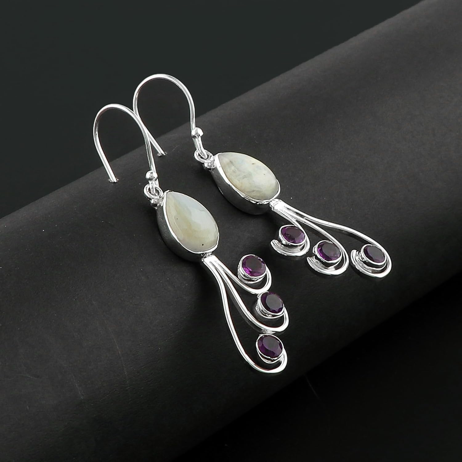 Natural Moonstone & Amethyst Gemstones Earrings, 925 Sterling Silver, Handmade Earrings, Birthstone, Crystals Dangle Jewelry, Bridal Minimalist Earrings for Women - Image 2