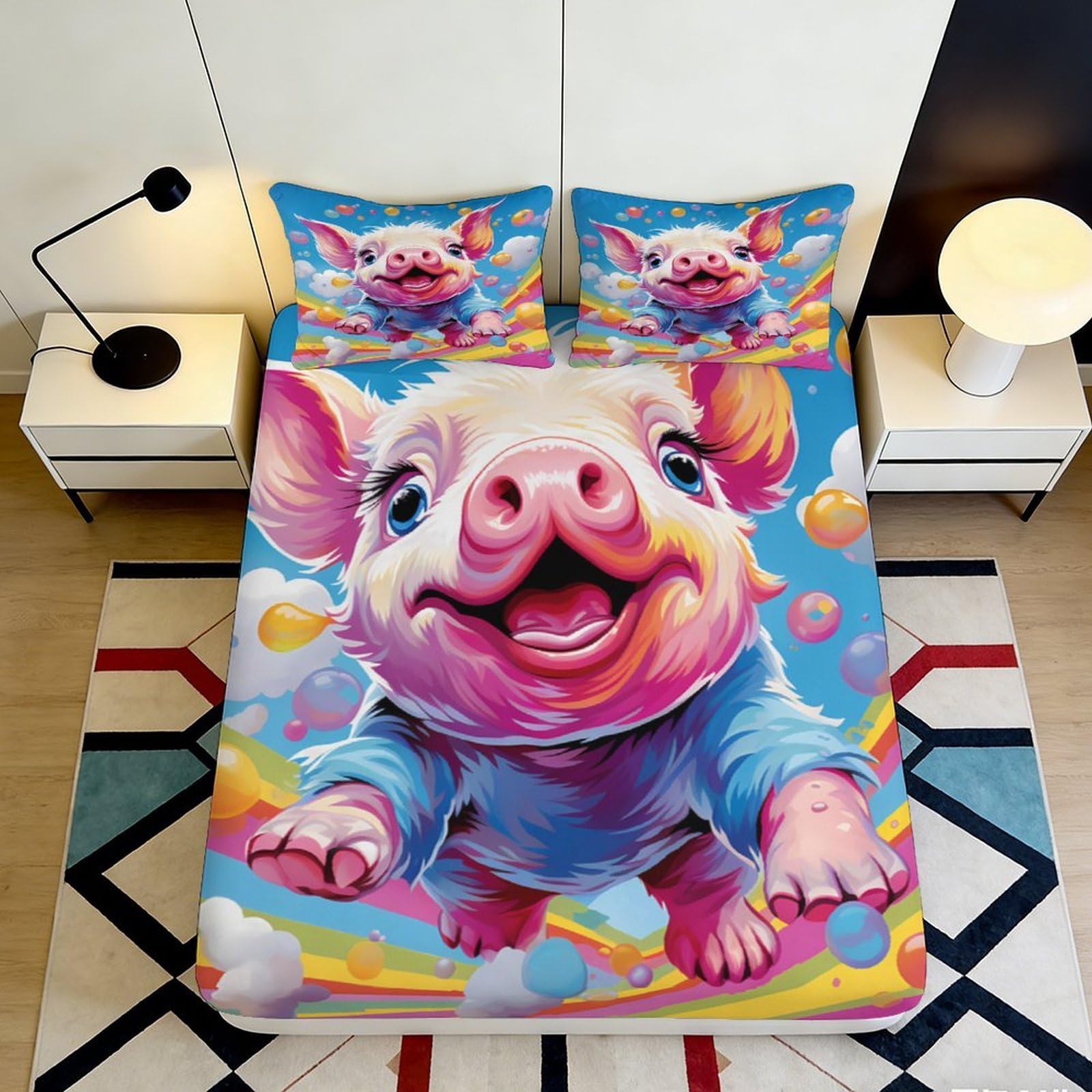 Pnayamiorkfel Style-7 3D Printed Cute Pig Fitted Sheet Microfiber Colourful Cartoon Animal Bed Cover For Bedroom Guest Room Mattress Protection Decor 90X200x25cm