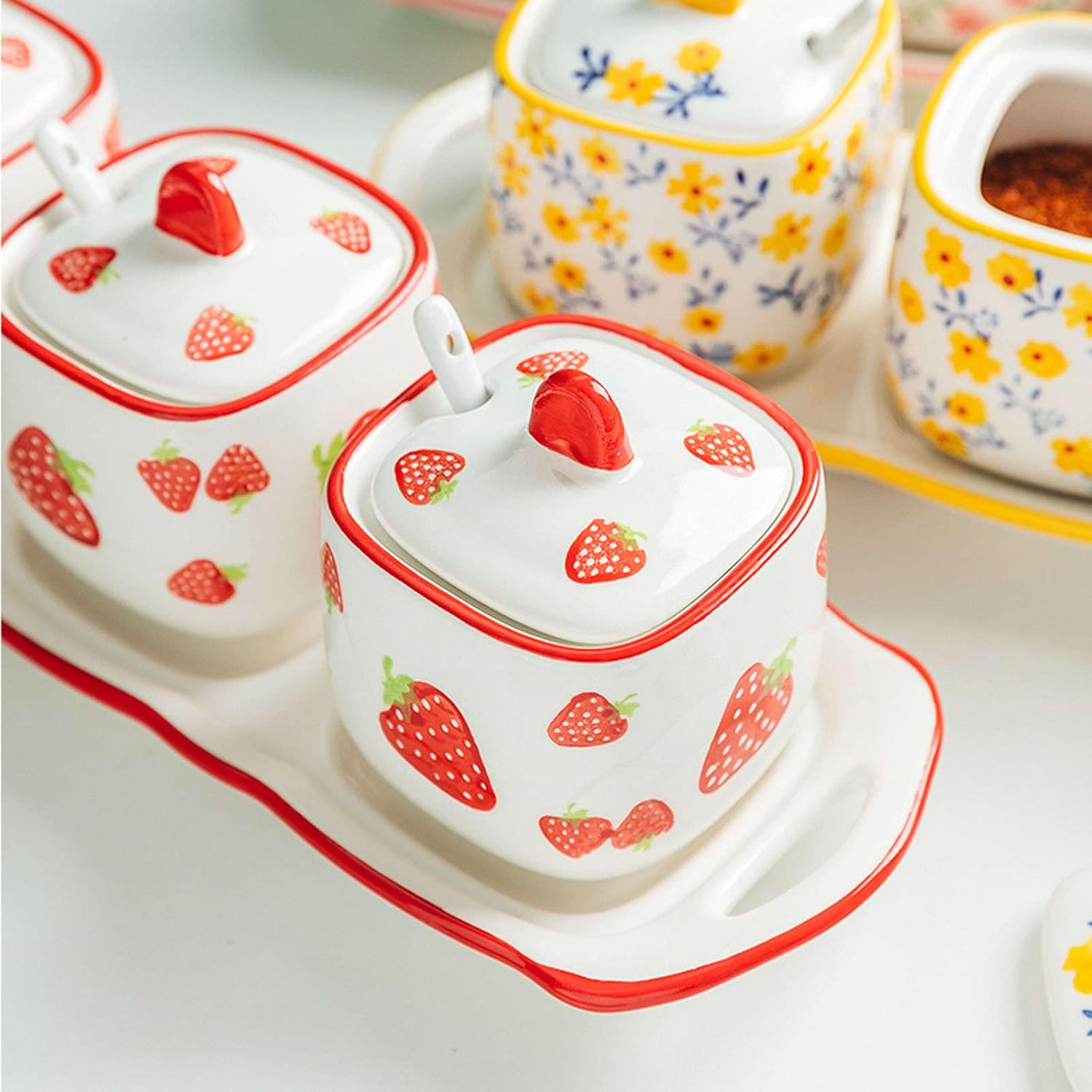 European style Hand Drawn Pattern Sugar Bowl with Lid Ceramic Teacup Shape Sugar Pot Coffee Accessories Sugar Pourer Kitchen Storage-Red-one Milk Pot (Pink 3 Set)