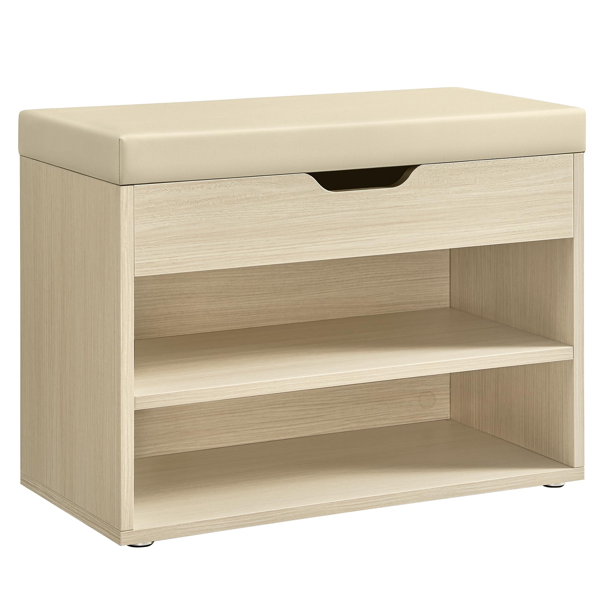 VASAGLE Banco Zapatero, Mueble Zapatero con Asiento Tapizado, Banco Recibidor con 3 Compartimentos y Asiento Acolchado, 30 x 60 x 44 cm, para Entrada Dormitorio Sala de Estar, Beige Natural LHS020K01