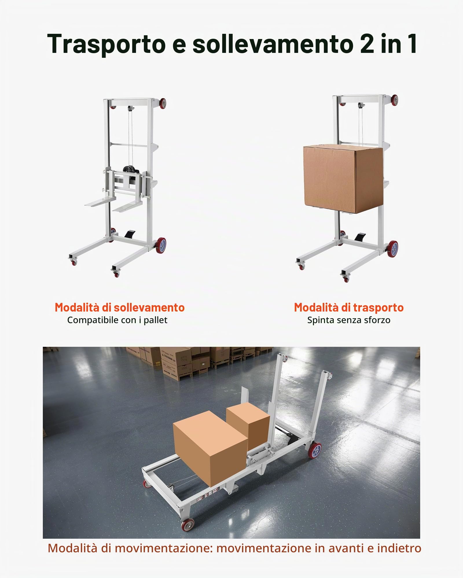 VEVOR Carrello Elevatore a Verricello, Altezza di Sollevamento di 178 cm, Carrello Elevatore a Verricello Manuale a Transpallet con Capacità di 249,93 kg, con Ruote e Forca Regolabile
