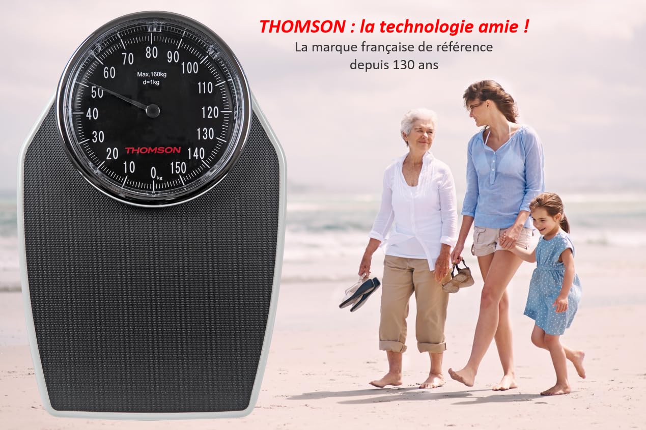 THOMSON Trad Mass 2 – Pèse-Personne Mécanique sans Pile - Grand Cadran Lisible 17cm - Plateau Antidérapant - Portée jusqu'à 160 kg – Noir