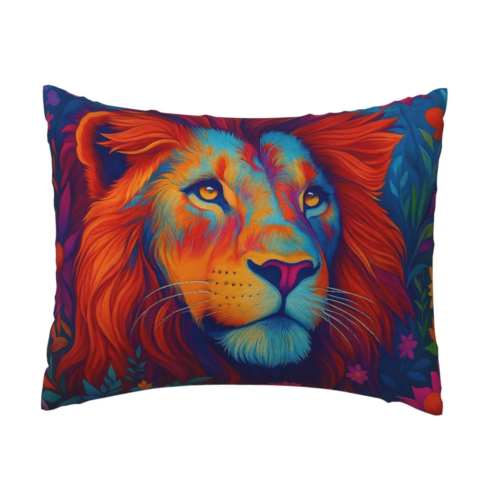 Majestic Lion with Colorful Flower Cluster Pillowcase Soft Plush with Zipper Decorative Pillowcovers 16x20 in