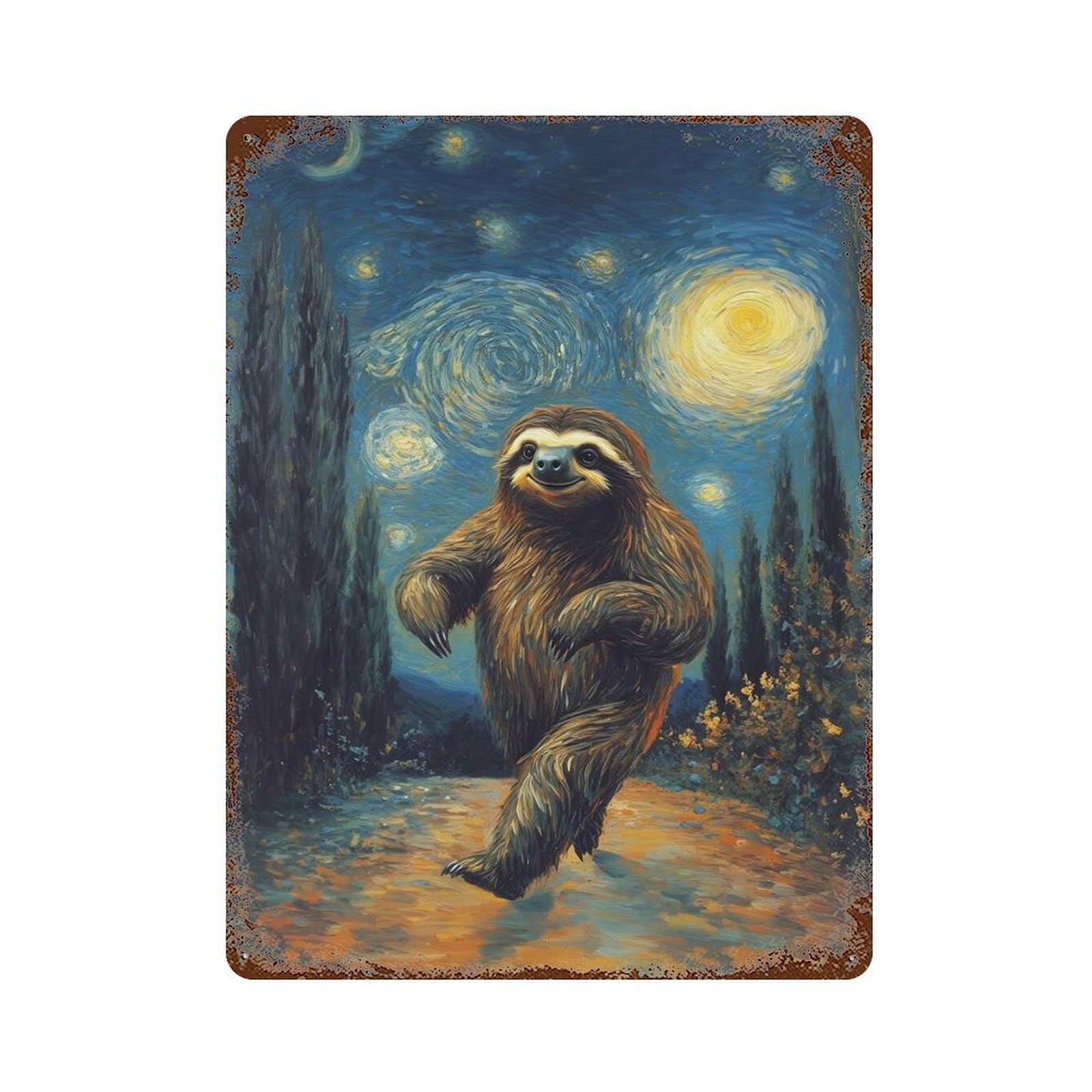 Sloth in Starry Night Weathered Tin Sign 15.7"x11.8", Rustic Home Decor for Office, Studio And Wall Decor