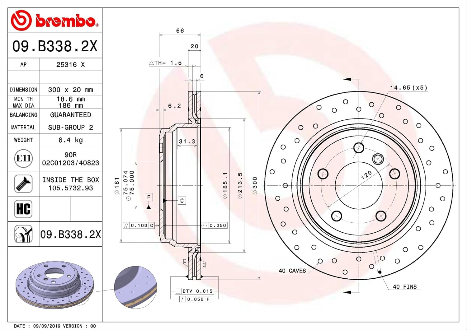 Brembo 09.B338.2X Xtra UV Coated vented drilled Rear Brake Rotor BMW/BMW (BRILLIANCE) OE# 34216764653
