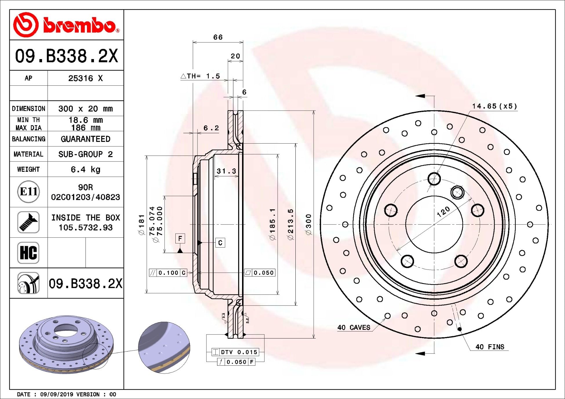 Brembo 09.B338.2X - Disco freno Brembo Xtra, posteriore. Set di 2 dischi