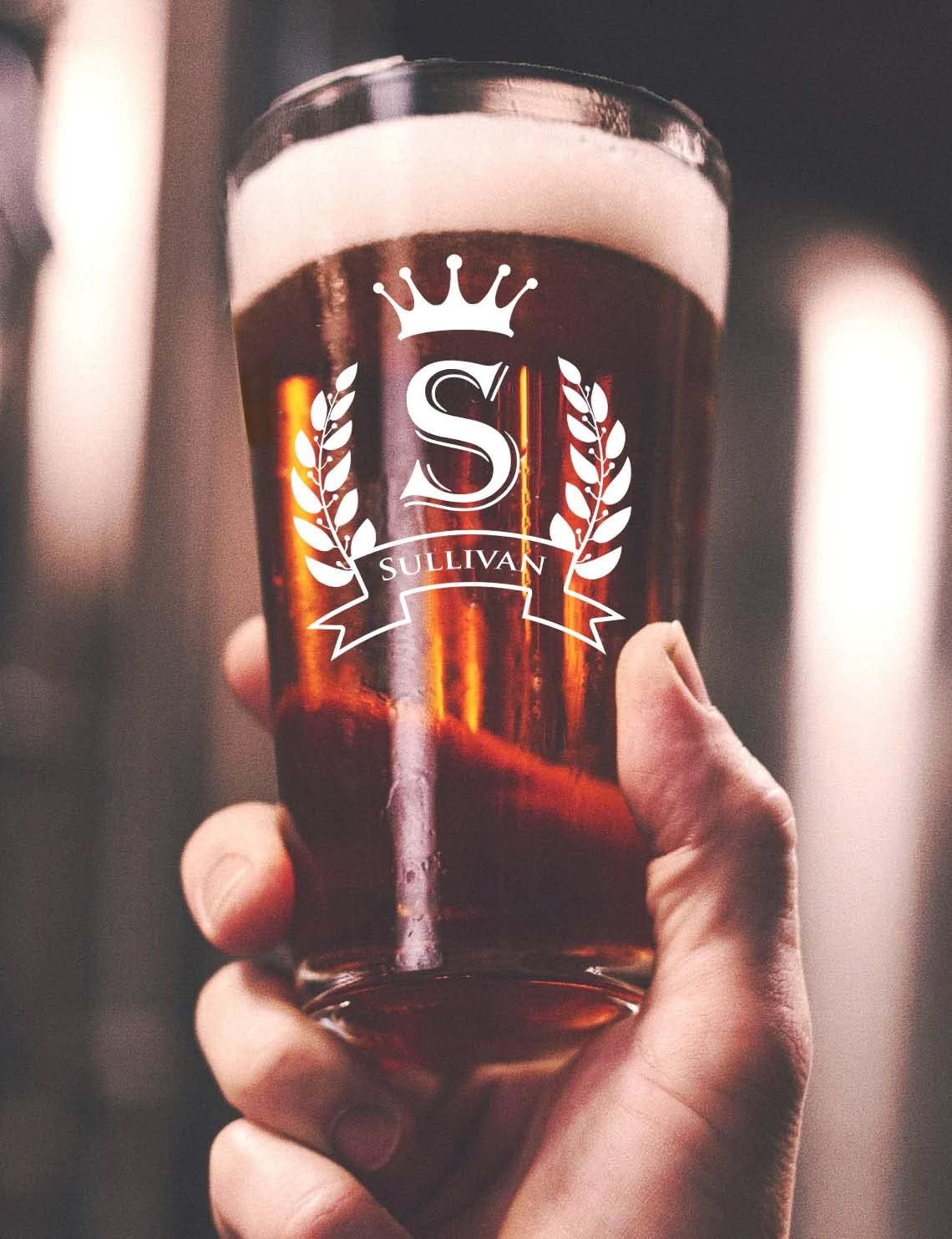 Custom Engraved Pint Glasses for Beer, 16 oz., Personalized Laser Engraved Coasters Set(4"x4") Personalized Beer Glass Set for Men and Women, Couple (4 Set of Beer Glass and Slat Coaster)