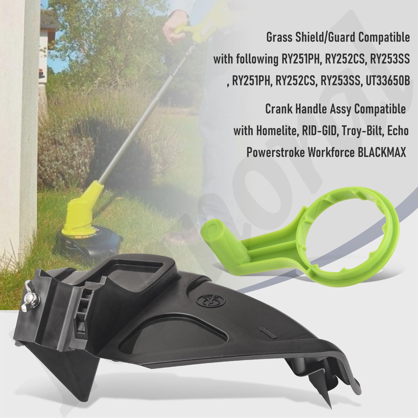 Fennoral Protector de césped 308473005 compatible con Ryobi RY253SS, UT33650B recortadora de eje recto, mango de manivela 312283001 para Ryobi Troy-Bilt Echo P2009, RY252CS, RY253SS, RY251PH,