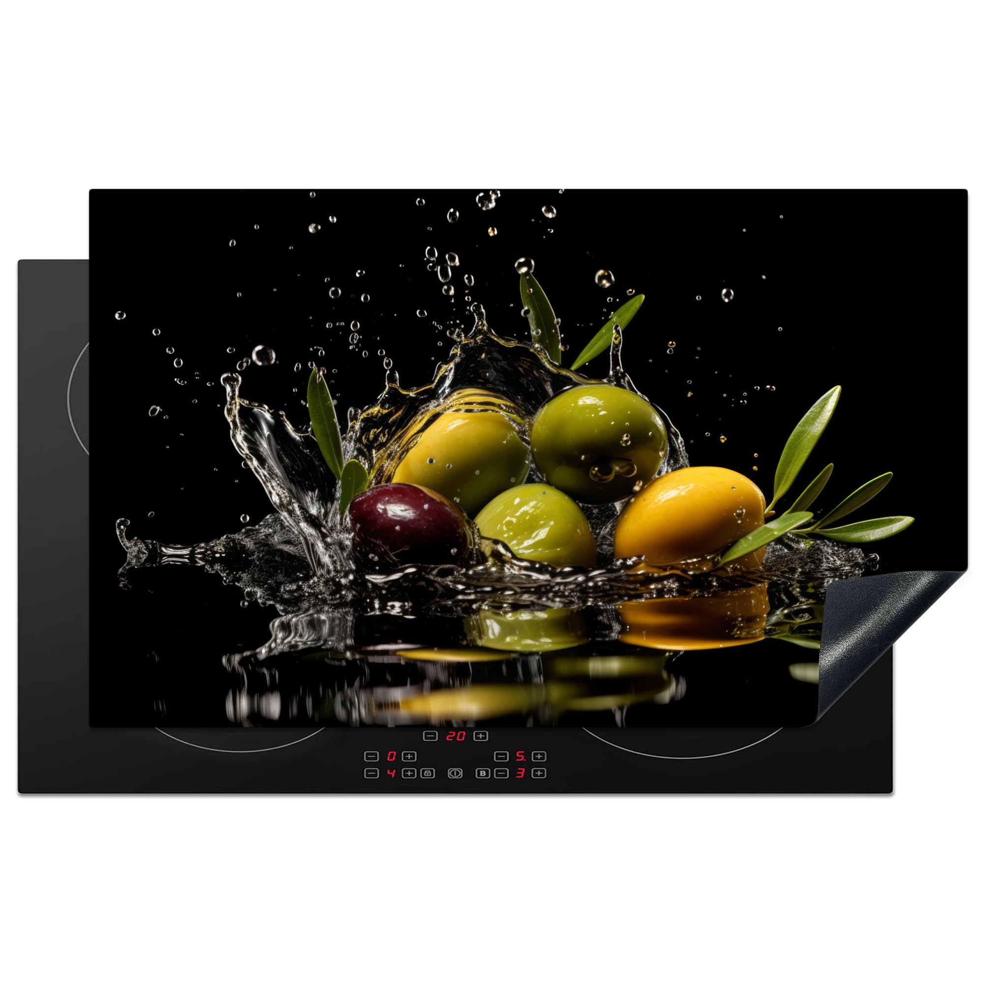 KitchenYeah© Herdabdeckplatte Induktion Schutzmatte Küche Herdabdeckung Ceranfeld Induktionsmatte Cerankochfeld Abdeckung Olive - Grün - Wasser - Schwarz - 85x52 cm